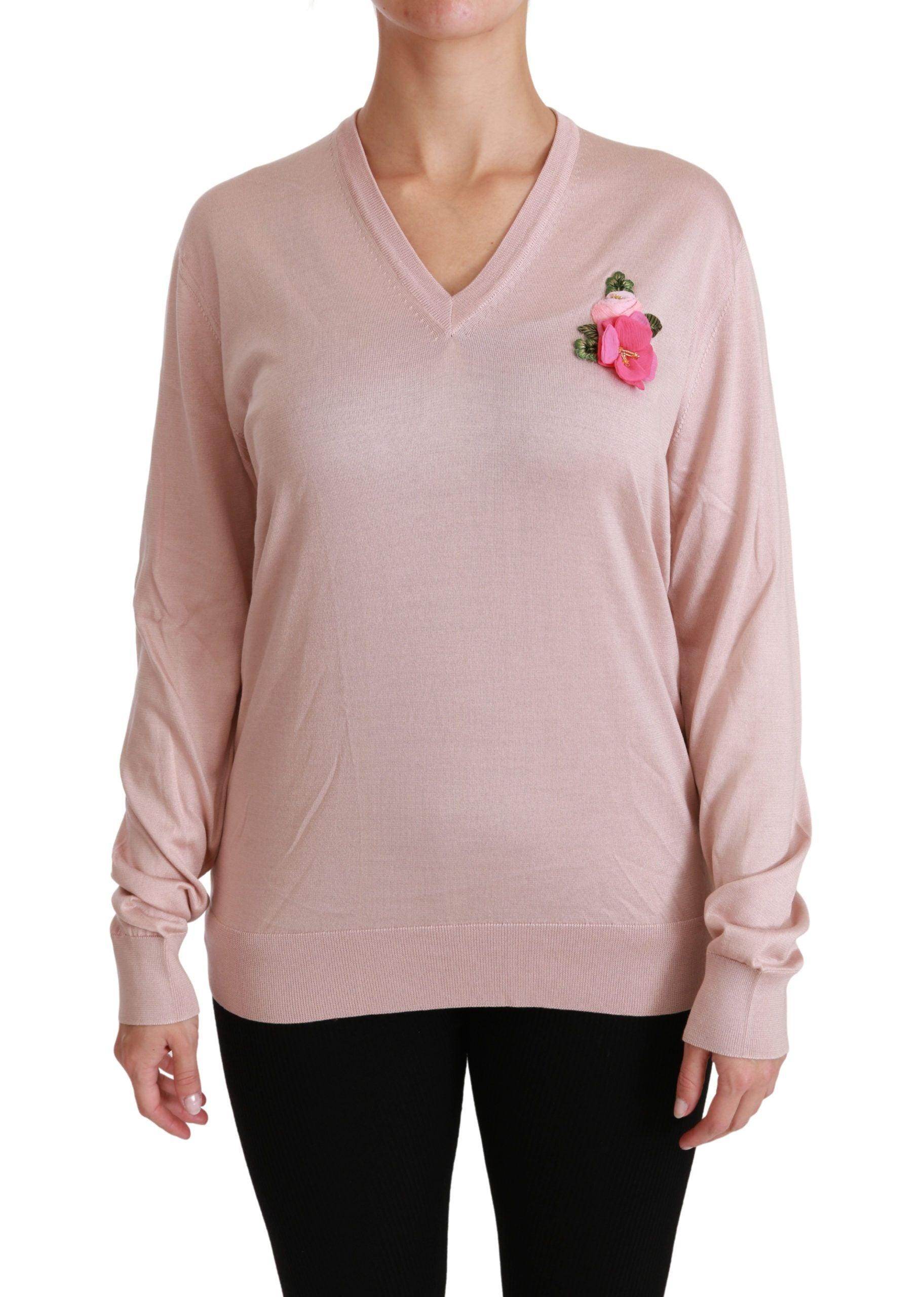 Dolce & Gabbana Pink Floral Silk V-Neck Sweater - Hilstor