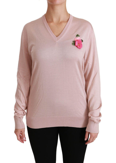 Dolce & Gabbana Pink Floral Silk V-Neck Sweater - Hilstor