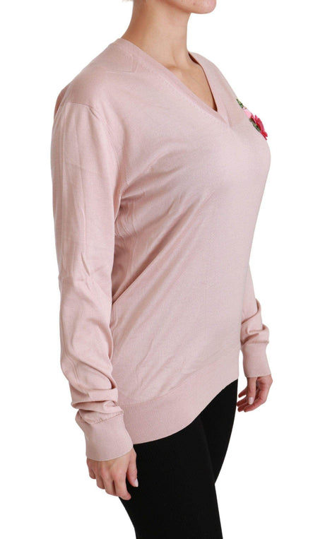 Dolce & Gabbana Pink Floral Silk V-Neck Sweater - Hilstor
