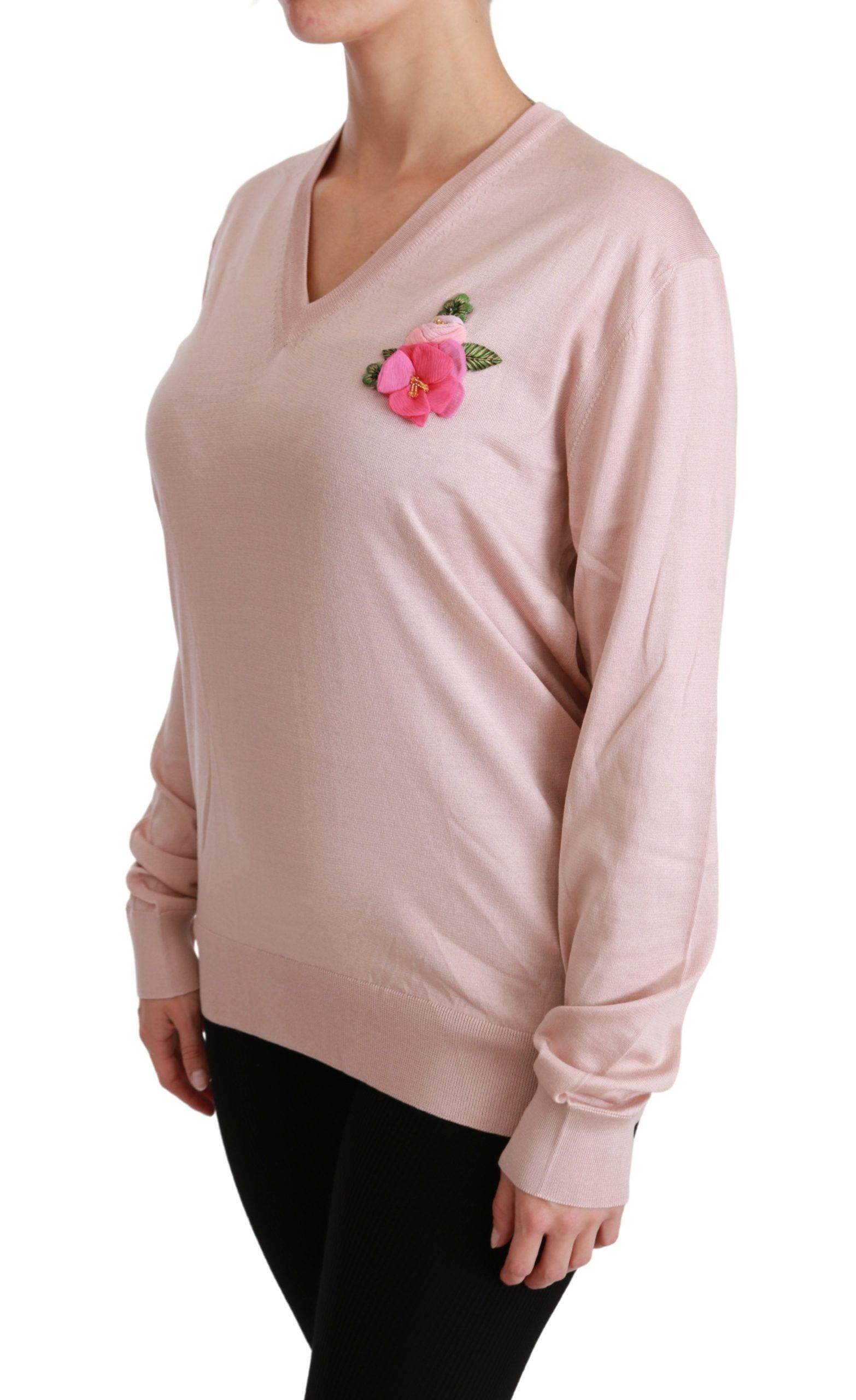Dolce & Gabbana Pink Floral Silk V-Neck Sweater - Hilstor