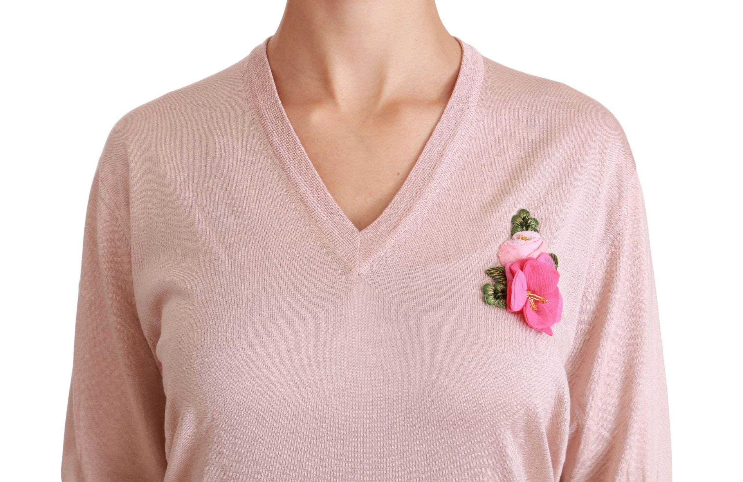 Dolce & Gabbana Pink Floral Silk V-Neck Sweater - Hilstor