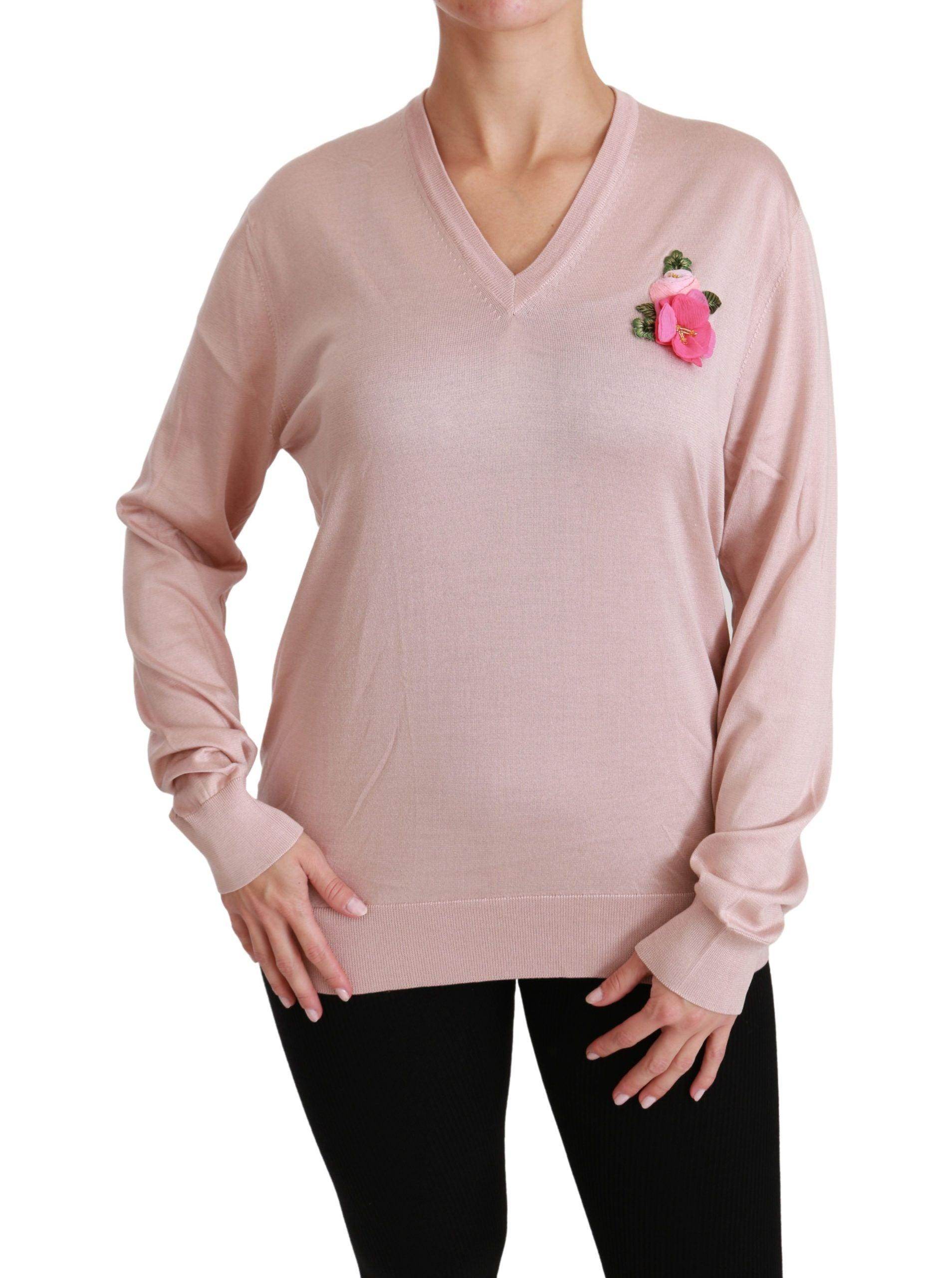Dolce & Gabbana Pink Floral Silk V-Neck Sweater - Hilstor