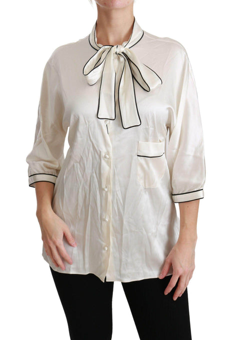 Dolce & Gabbana Elegant Beige Silk Blouse with Bow Scarf - Hilstor