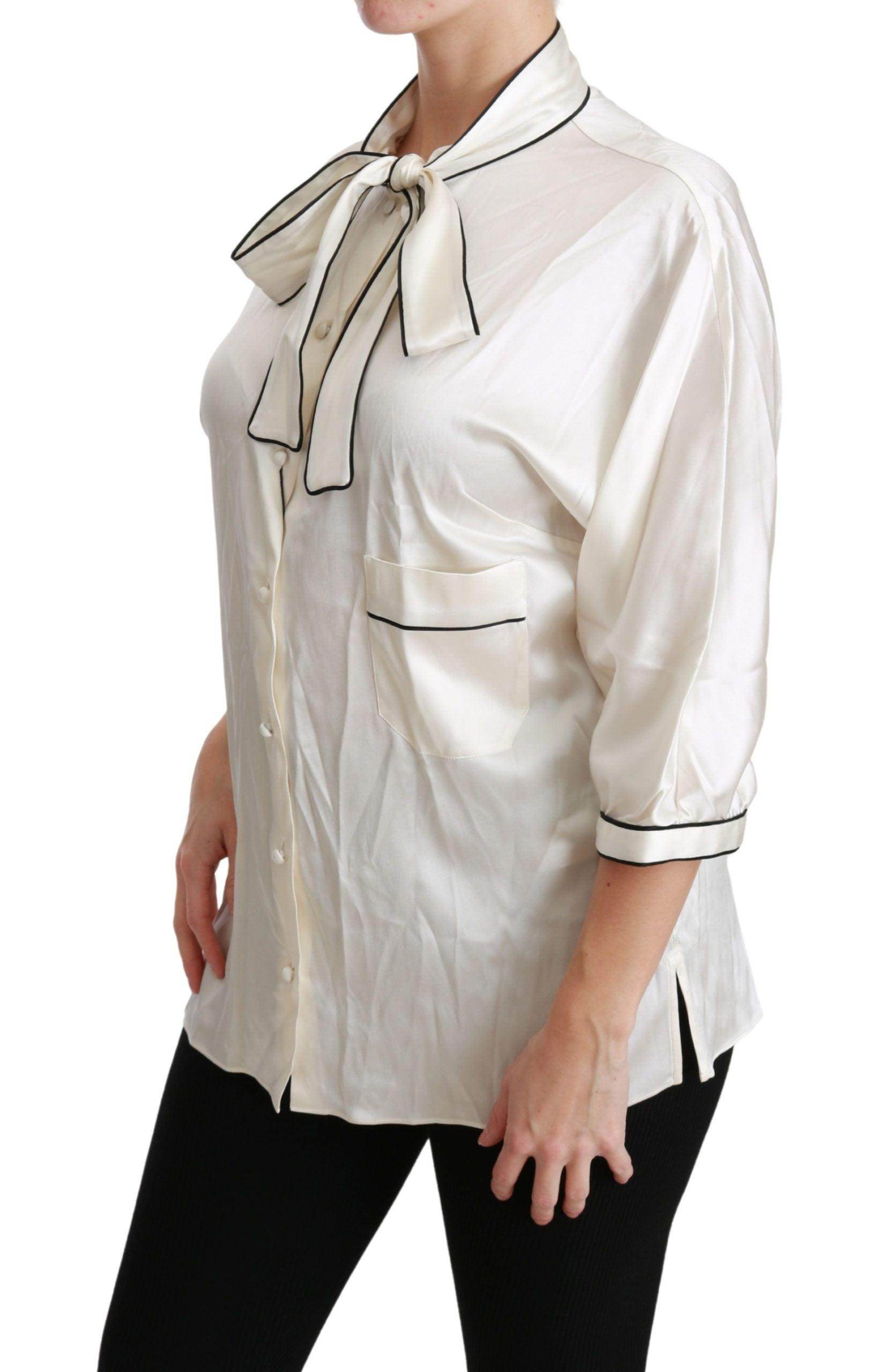 Dolce & Gabbana Elegant Beige Silk Blouse with Bow Scarf - Hilstor