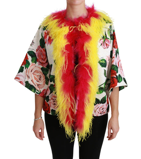 Dolce & Gabbana Elegant Floral Cape Jacket with Fur Details - Hilstor