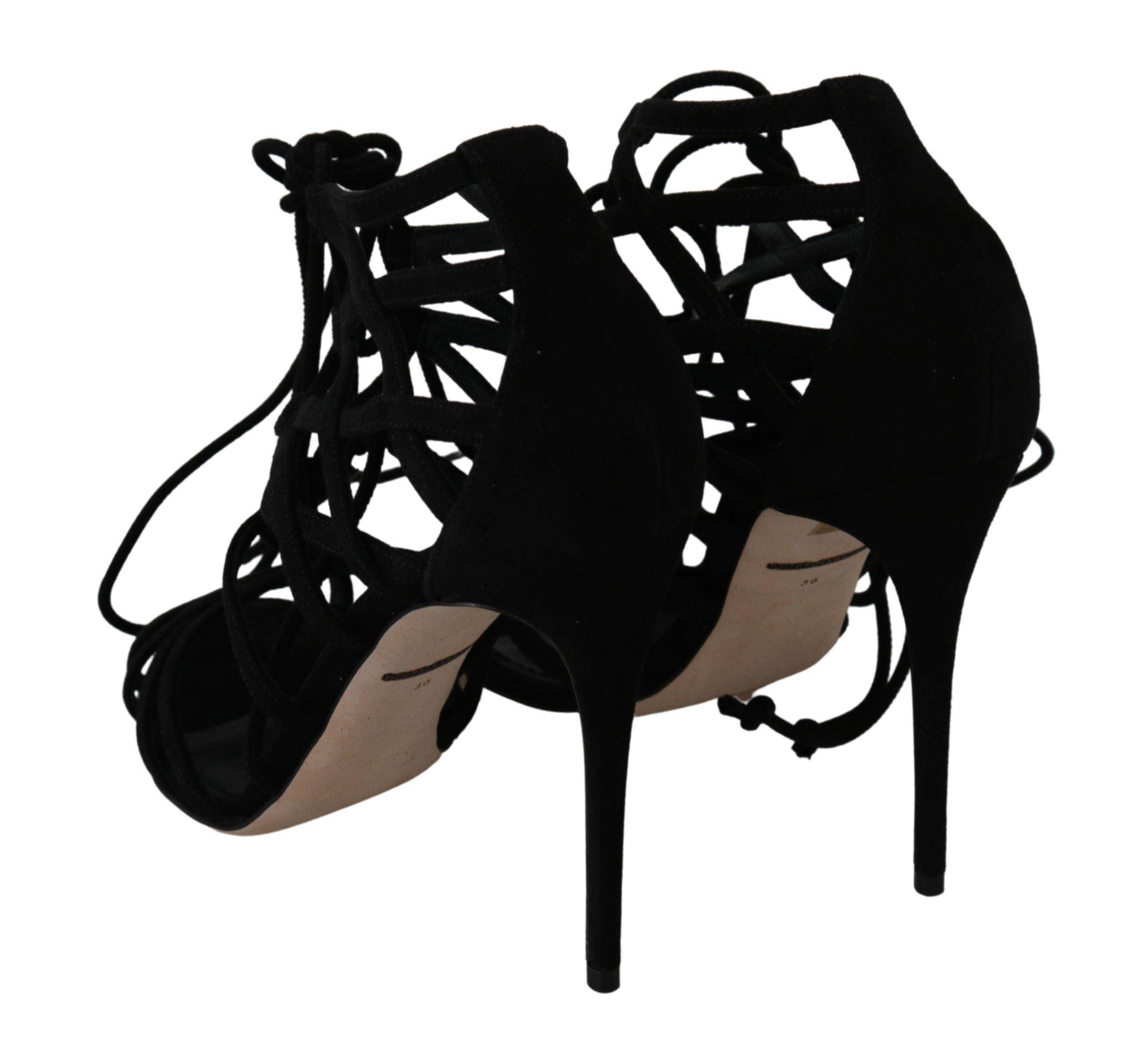 Dolce & Gabbana Black Suede Strap Stilettos Shoes Sandals - Hilstor