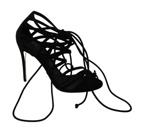 Dolce & Gabbana Elegant Black Suede Stiletto Ankle Strap Sandals - Hilstor