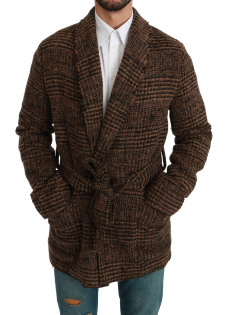 Dolce & Gabbana Brown Checkered Wool Robe Coat Wrap Jacket - Hilstor