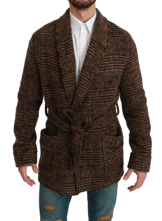 Dolce & Gabbana Brown Checkered Wool Robe Coat Wrap Jacket - Hilstor