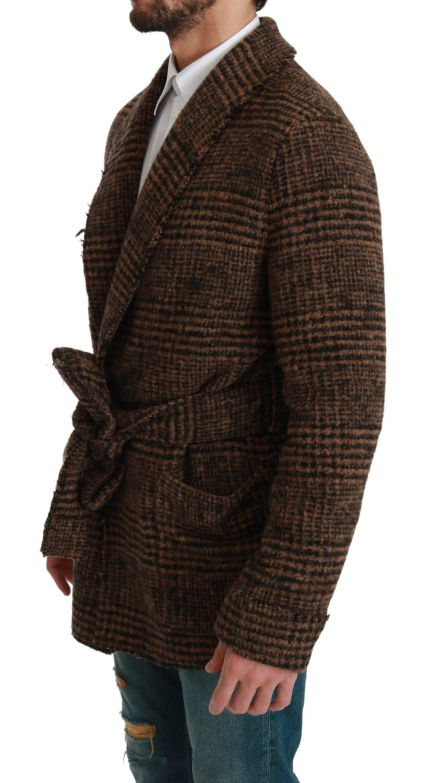 Dolce & Gabbana Brown Checkered Wool Robe Coat Wrap Jacket - Hilstor