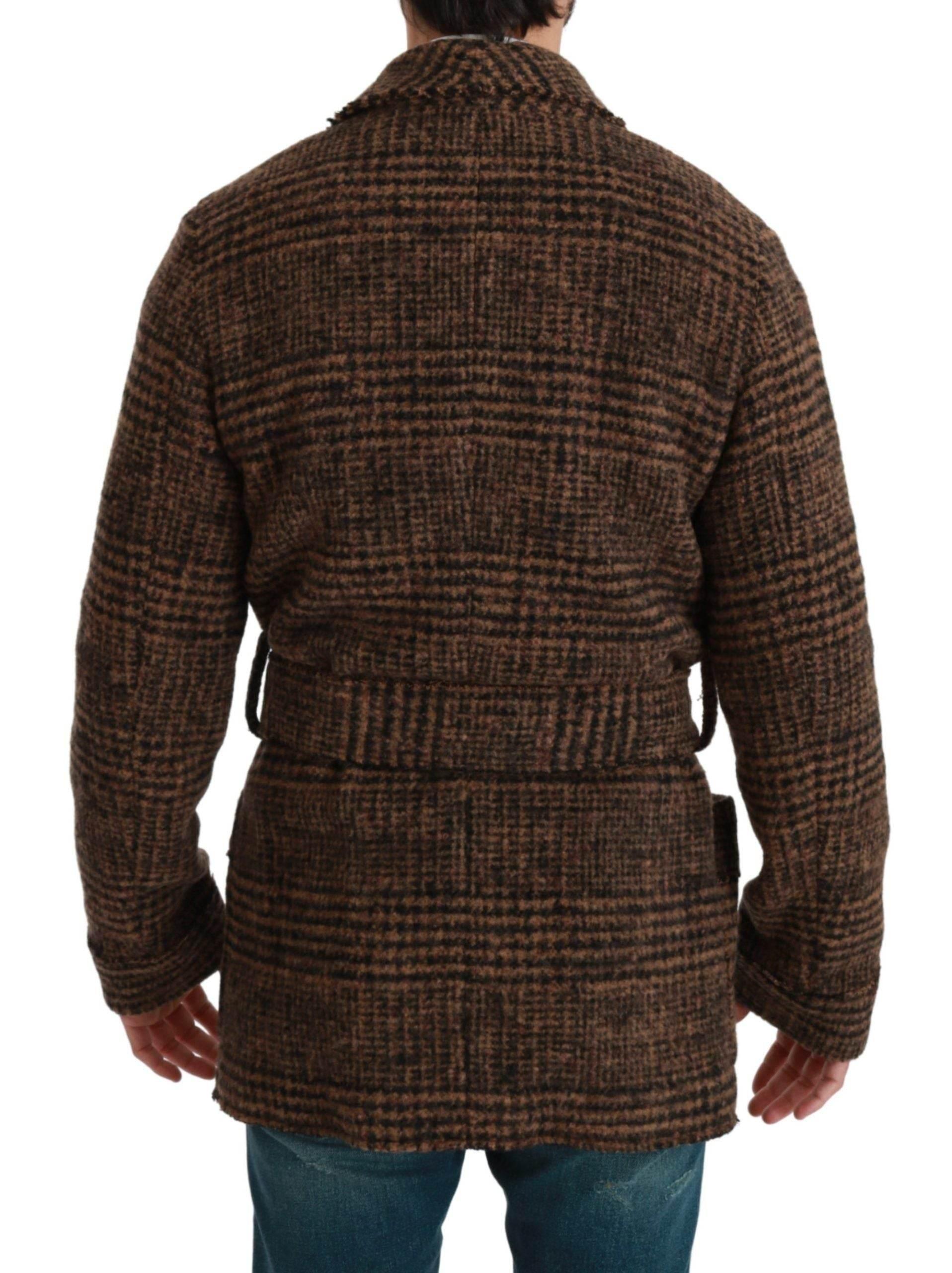 Dolce & Gabbana Brown Checkered Wool Robe Coat Wrap Jacket - Hilstor