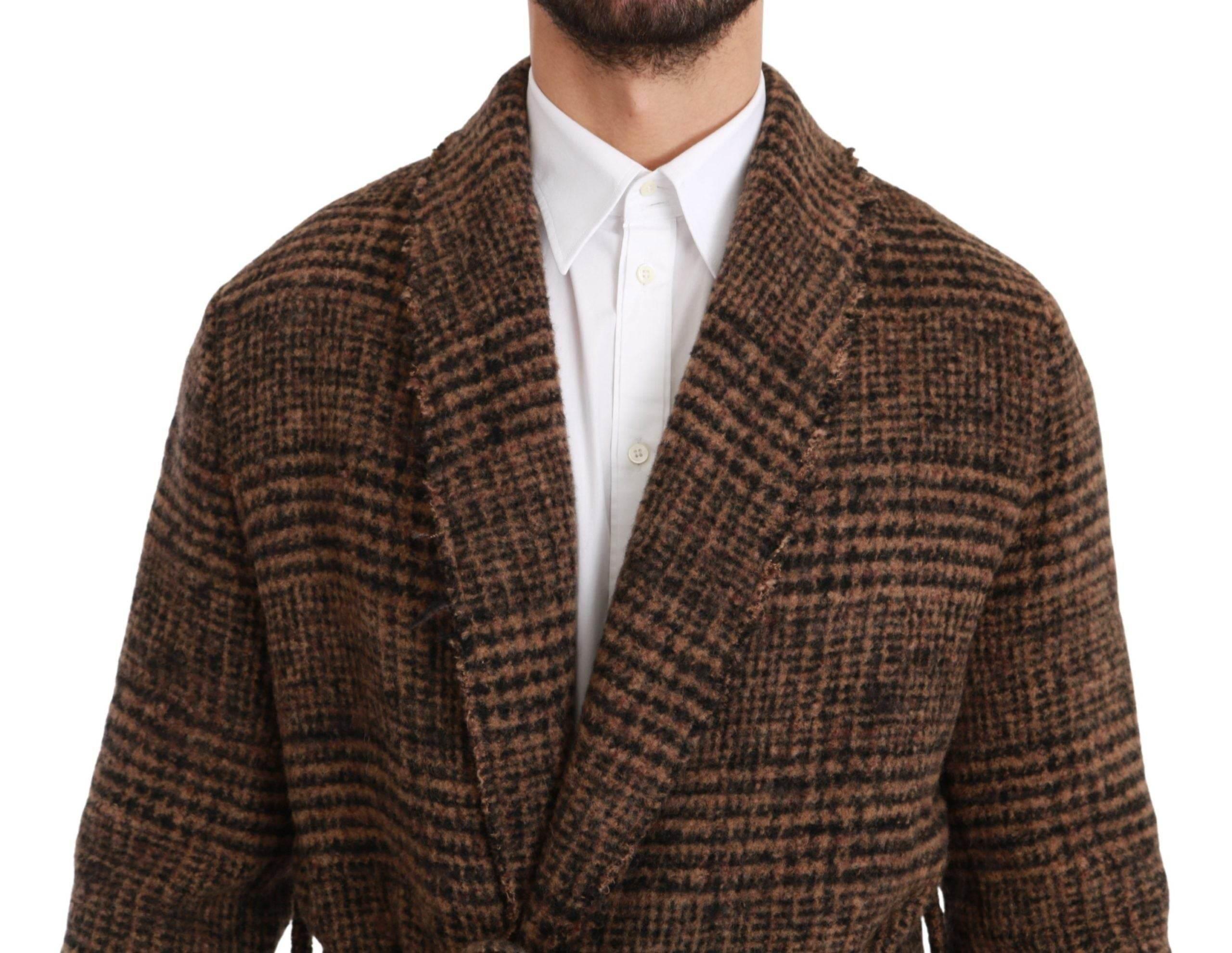 Dolce & Gabbana Brown Checkered Wool Robe Coat Wrap Jacket - Hilstor