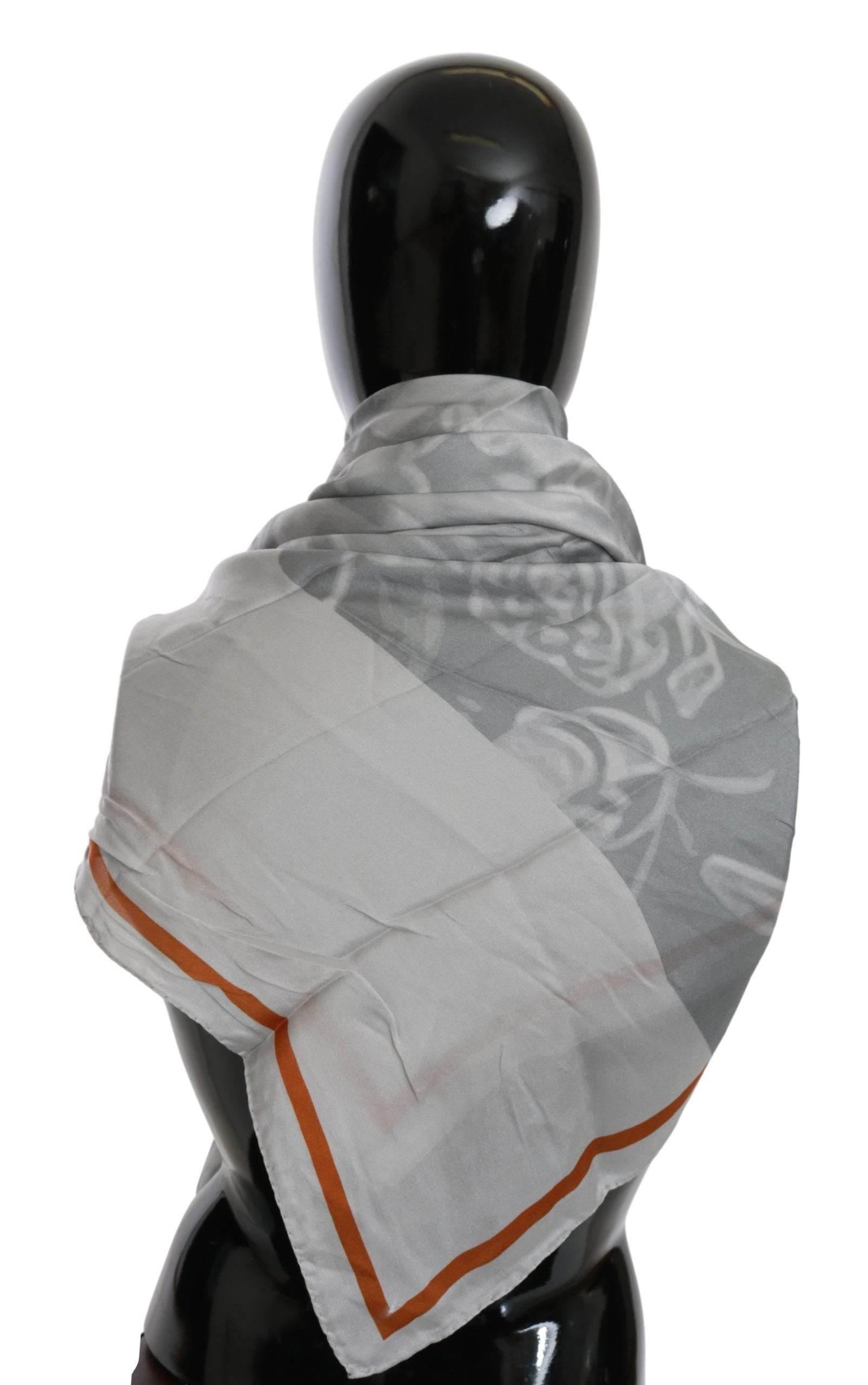 Costume National Gray Orange Silk Floral Foulard Wrap Scarf - Hilstor