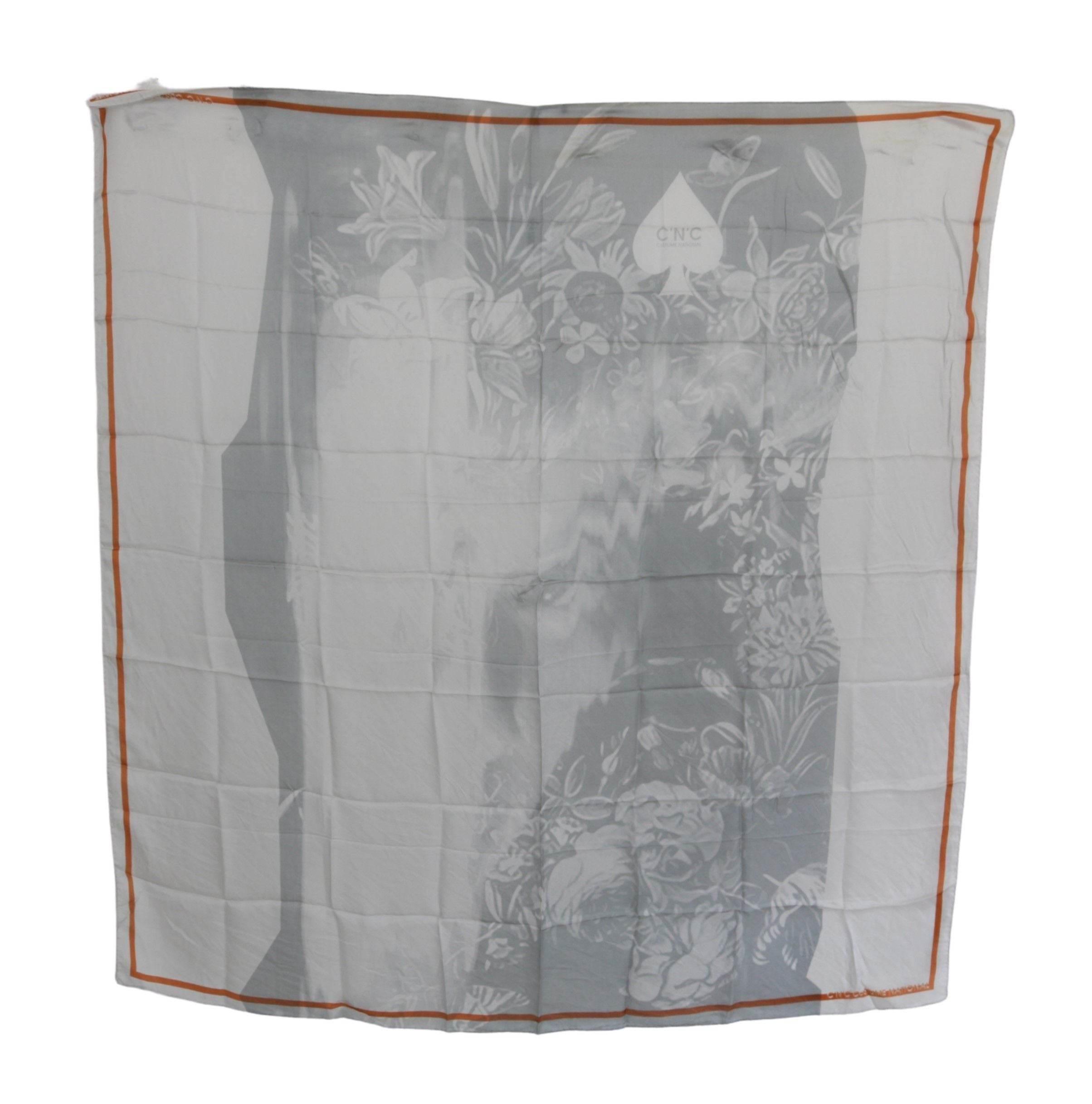 Costume National Gray Orange Silk Floral Foulard Wrap Scarf - Hilstor