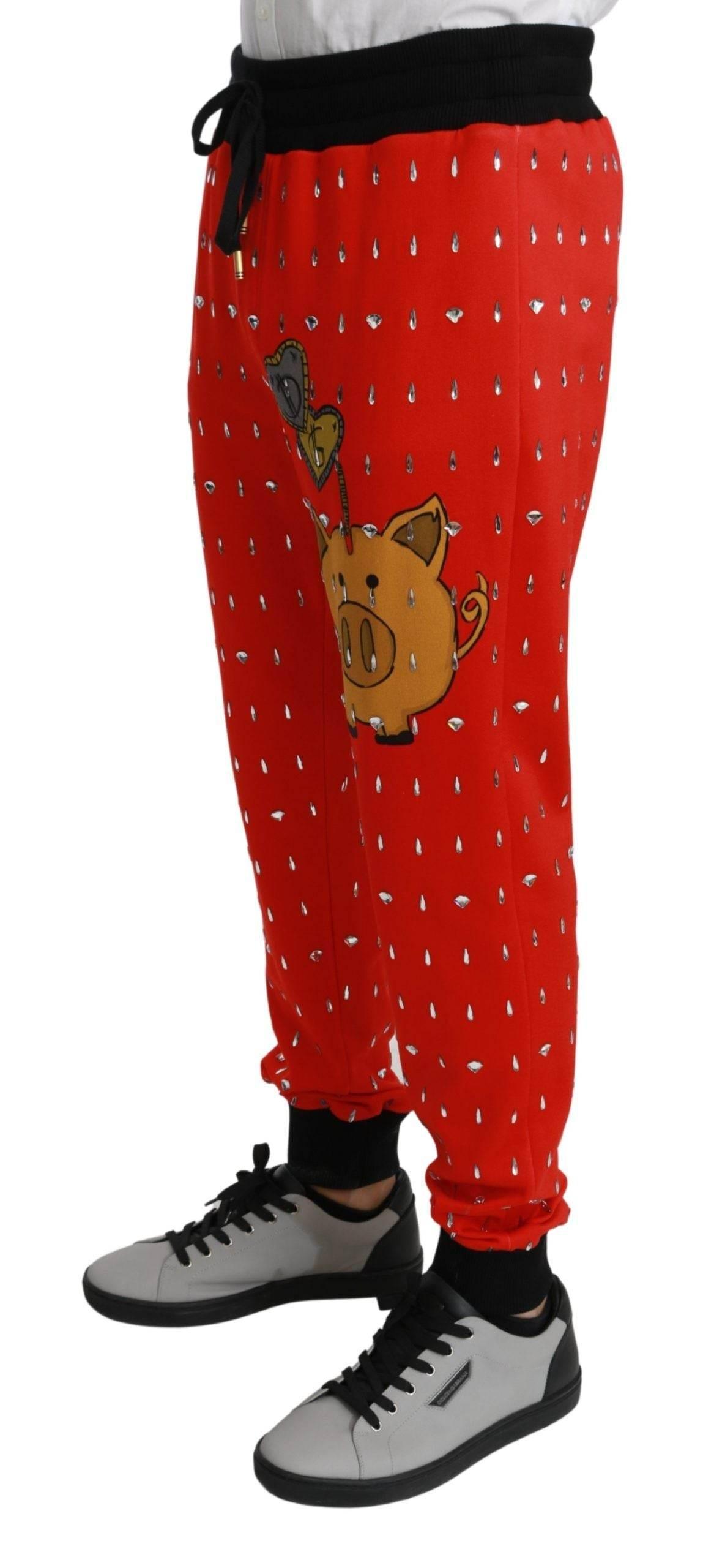 Dolce & Gabbana Red Piggy Bank Cotton Crystal Trousers Pants - Hilstor