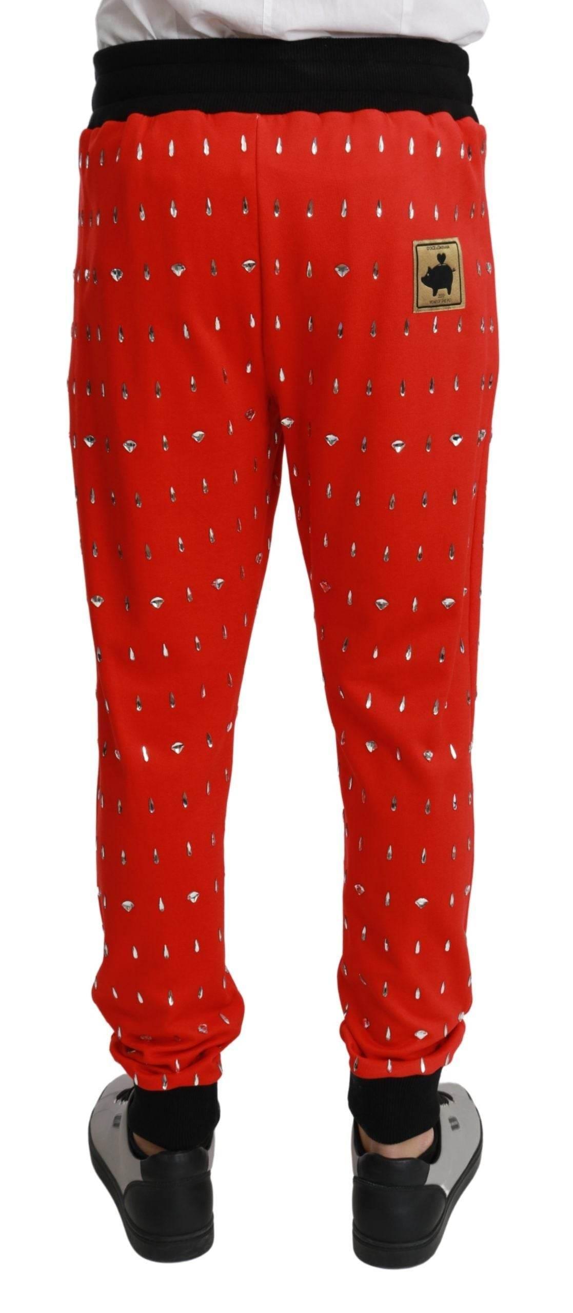 Dolce & Gabbana Red Piggy Bank Cotton Crystal Trousers Pants - Hilstor