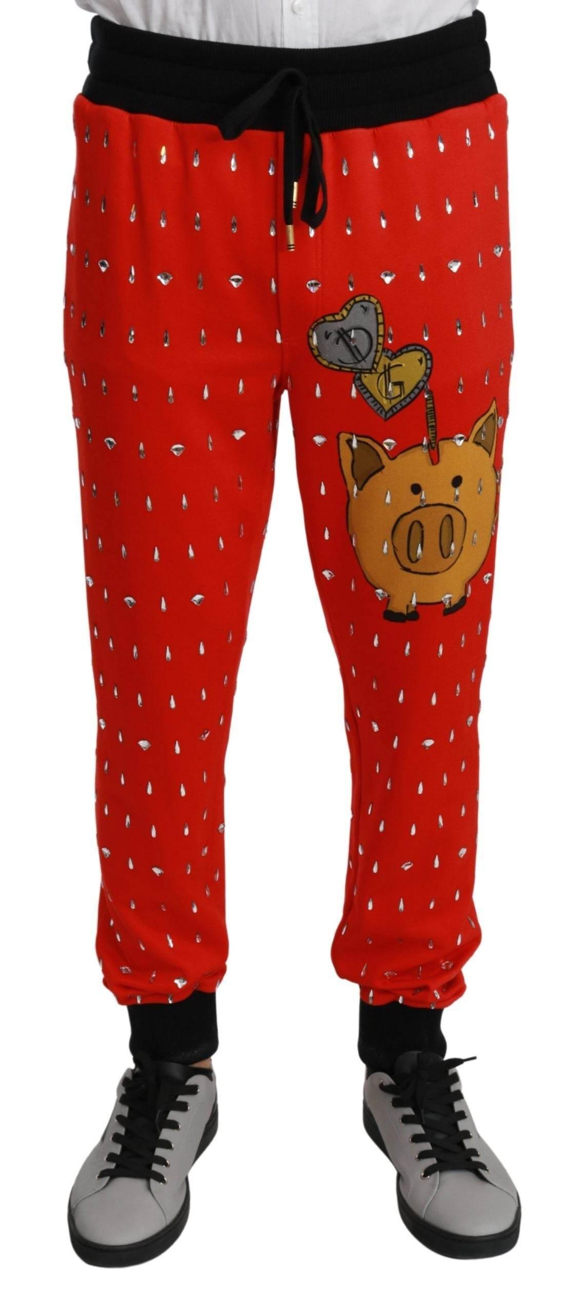 Dolce & Gabbana Red Piggy Bank Cotton Crystal Trousers Pants - Hilstor