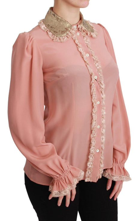 Dolce & Gabbana Elegant Pink Lace Silk Blouse with Gold Sequins - Hilstor