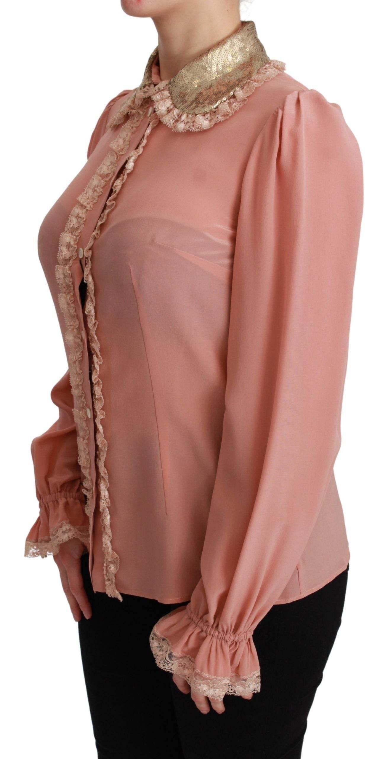 Dolce & Gabbana Elegant Pink Lace Silk Blouse with Gold Sequins - Hilstor