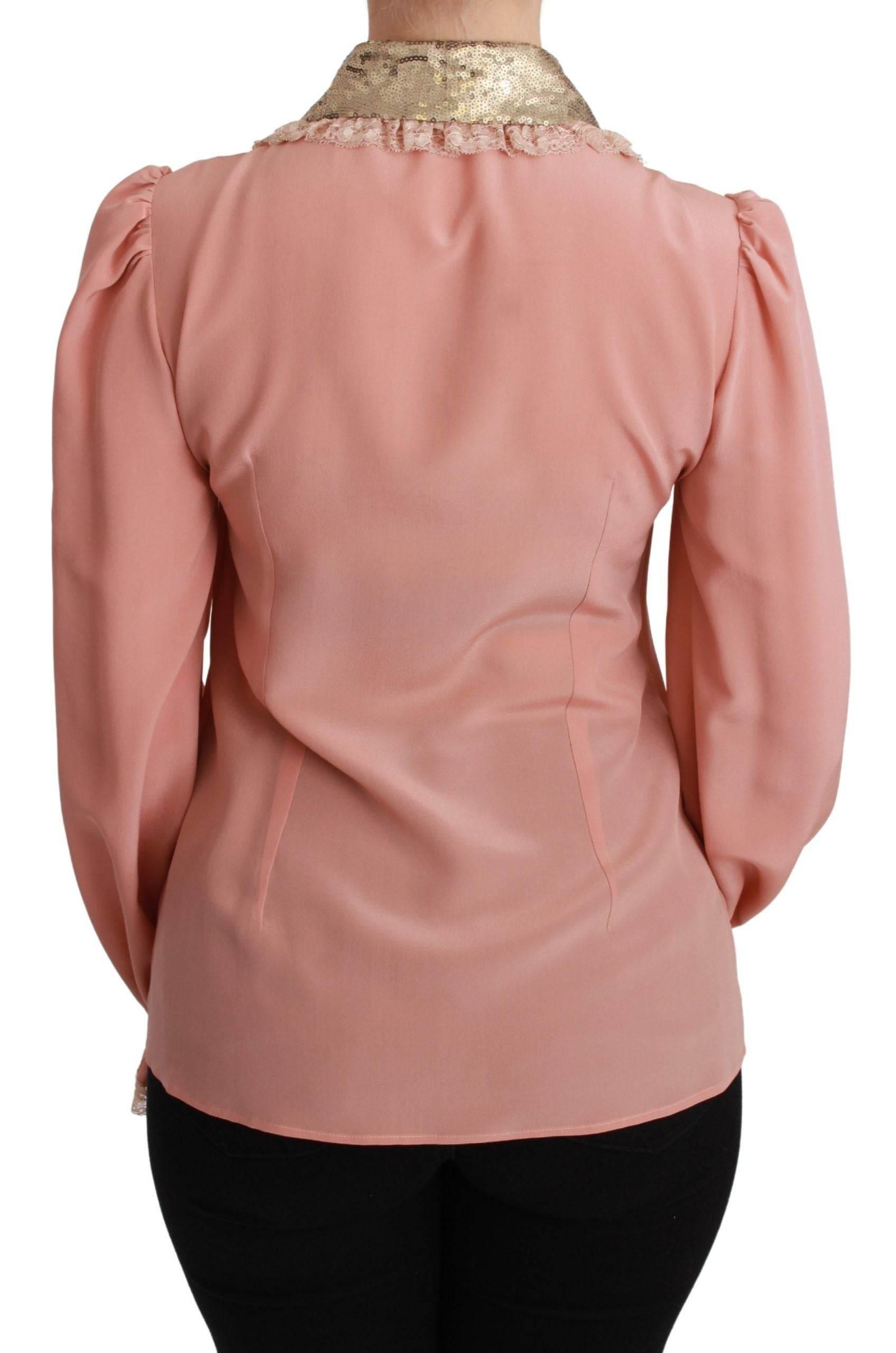 Dolce & Gabbana Elegant Pink Lace Silk Blouse with Gold Sequins - Hilstor