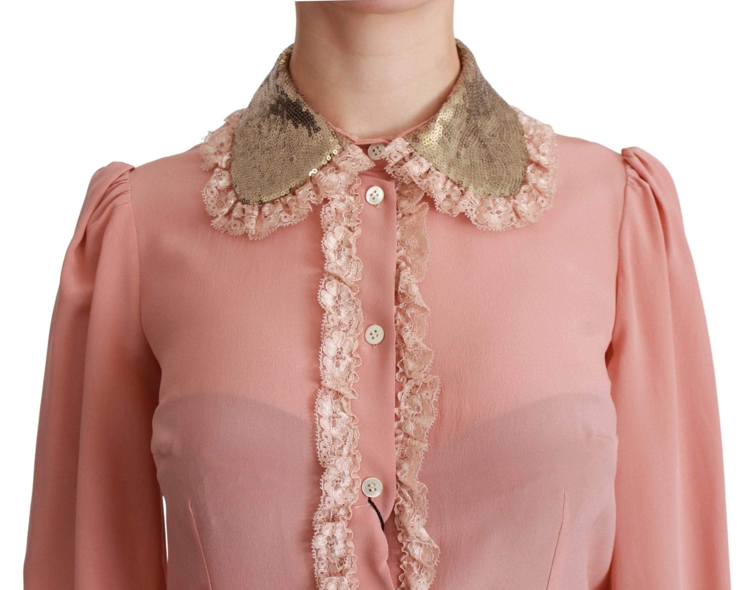 Dolce & Gabbana Elegant Pink Lace Silk Blouse with Gold Sequins - Hilstor