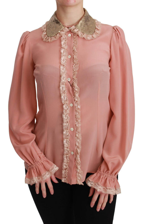 Dolce & Gabbana Elegant Pink Lace Silk Blouse with Gold Sequins - Hilstor