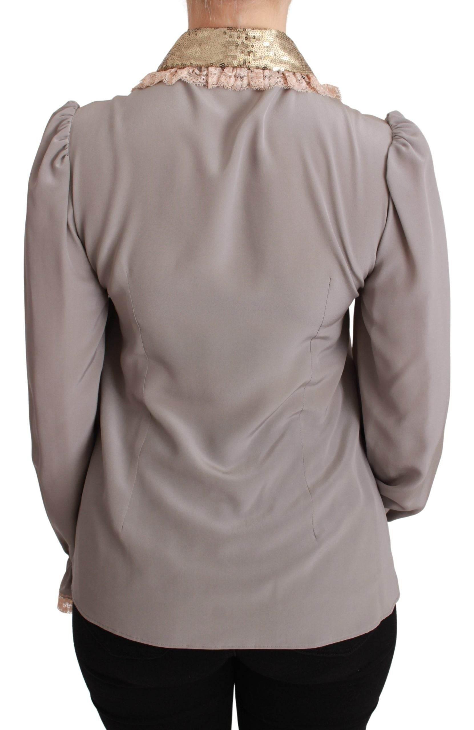 Dolce & Gabbana Gray Silk Gold Sequin Lace Blouse Shirt - Hilstor
