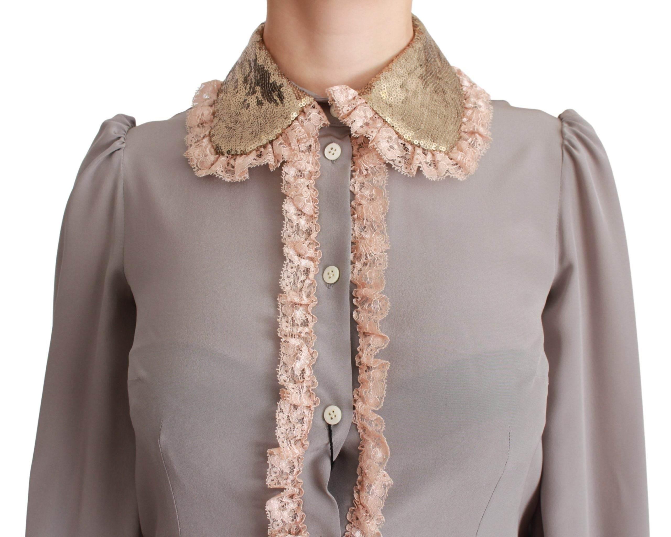 Dolce & Gabbana Gray Silk Gold Sequin Lace Blouse Shirt - Hilstor
