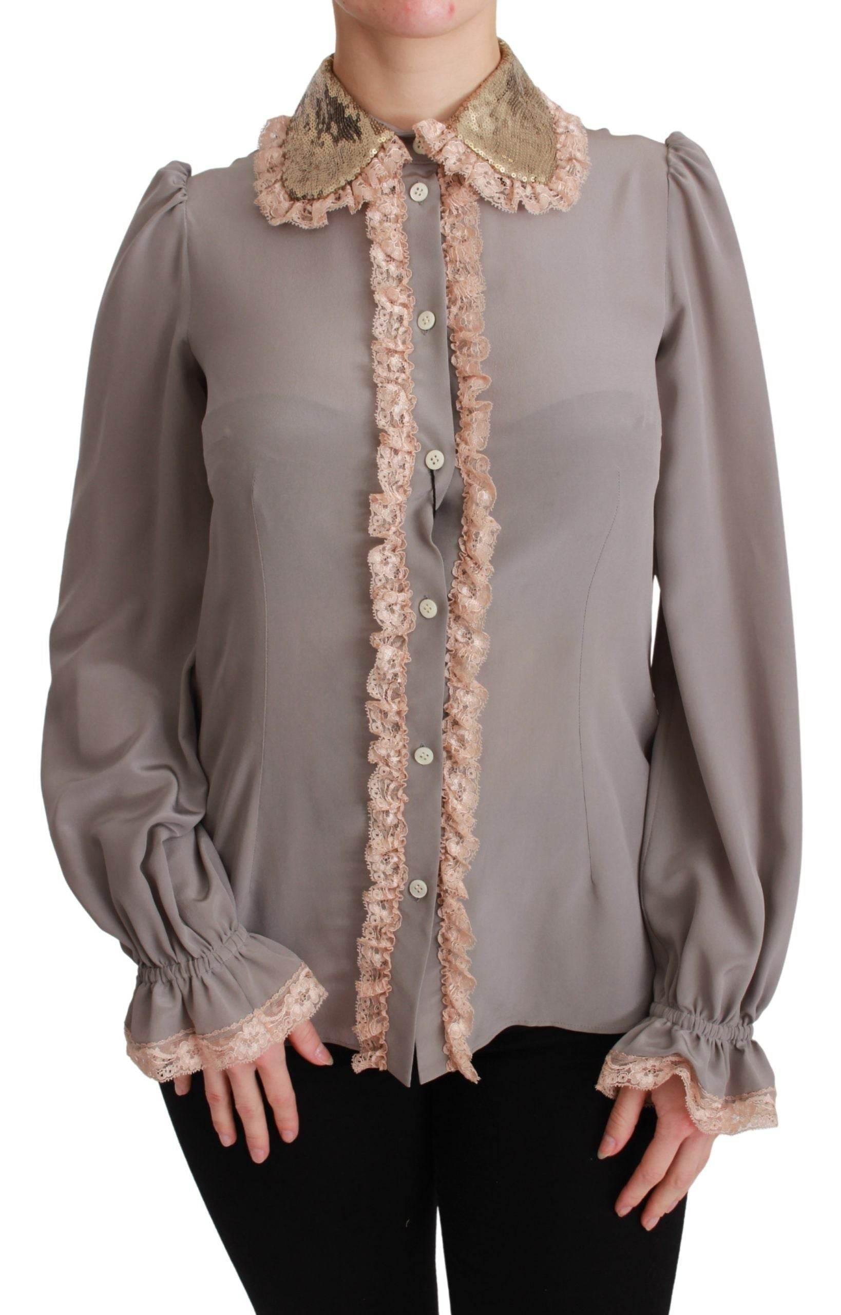 Dolce & Gabbana Gray Silk Gold Sequin Lace Blouse Shirt - Hilstor