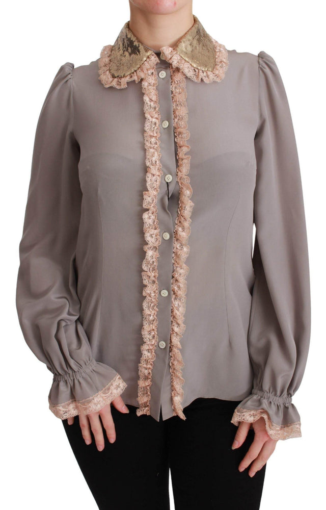 Dolce & Gabbana Gray Silk Gold Sequin Lace Blouse Shirt - Hilstor