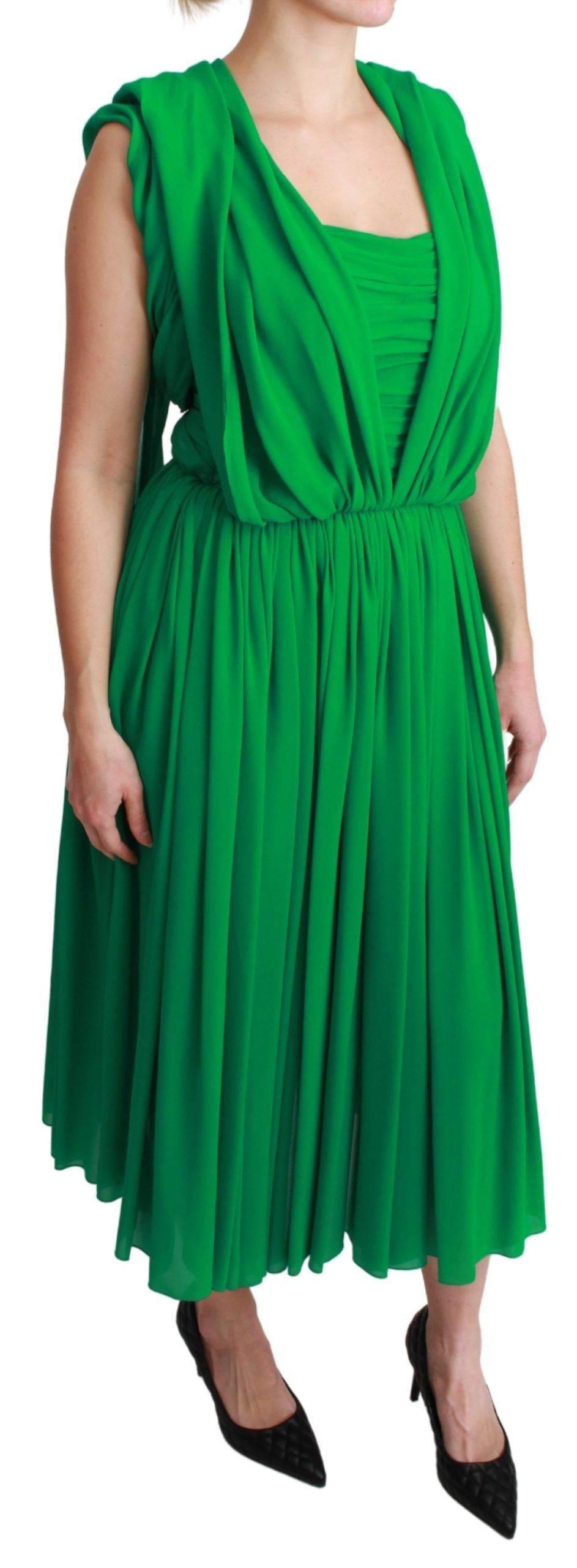 Dolce & Gabbana 100% Silk Green Sleeveless Pleated Maxi Dress - Hilstor
