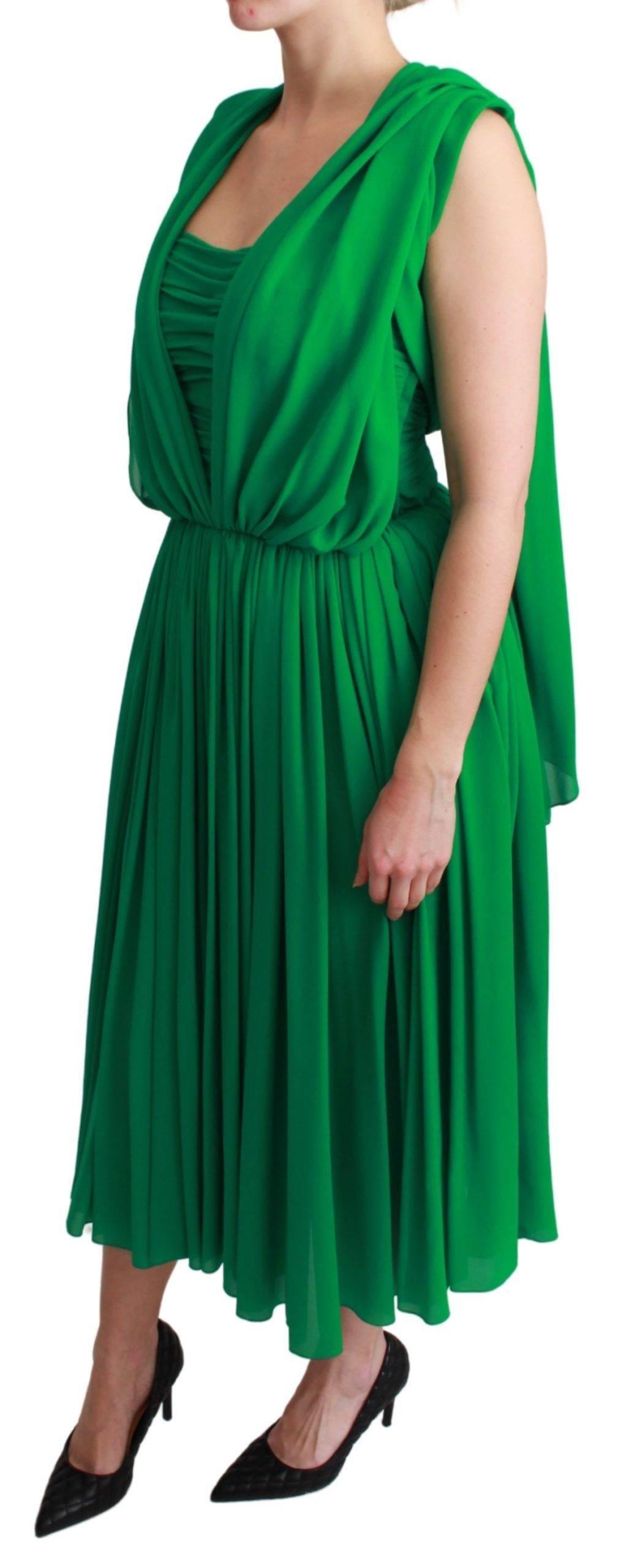 Dolce & Gabbana 100% Silk Green Sleeveless Pleated Maxi Dress - Hilstor