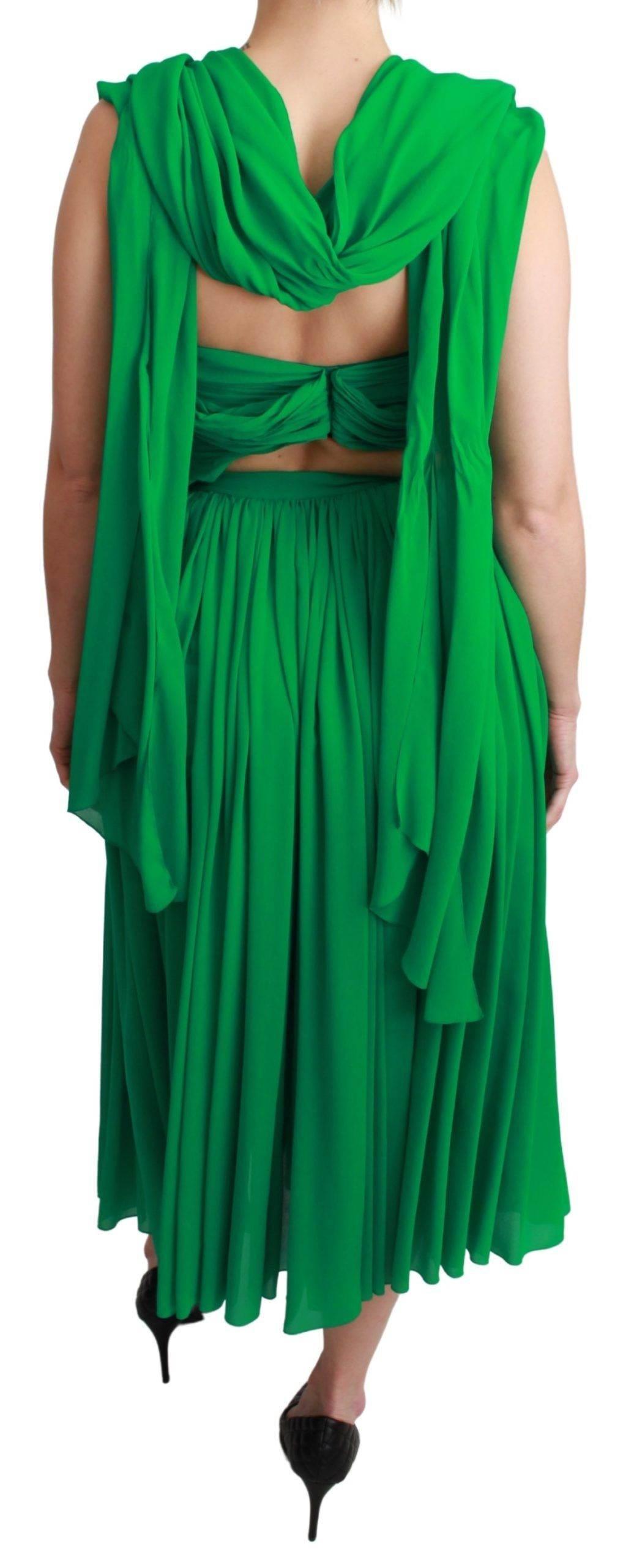 Dolce & Gabbana 100% Silk Green Sleeveless Pleated Maxi Dress - Hilstor