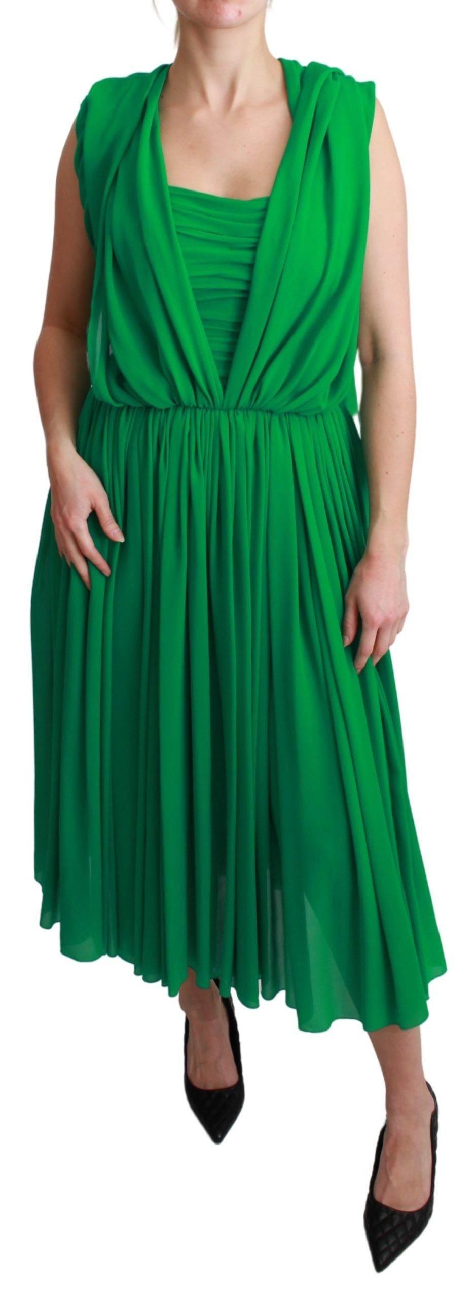 Dolce & Gabbana 100% Silk Green Sleeveless Pleated Maxi Dress - Hilstor