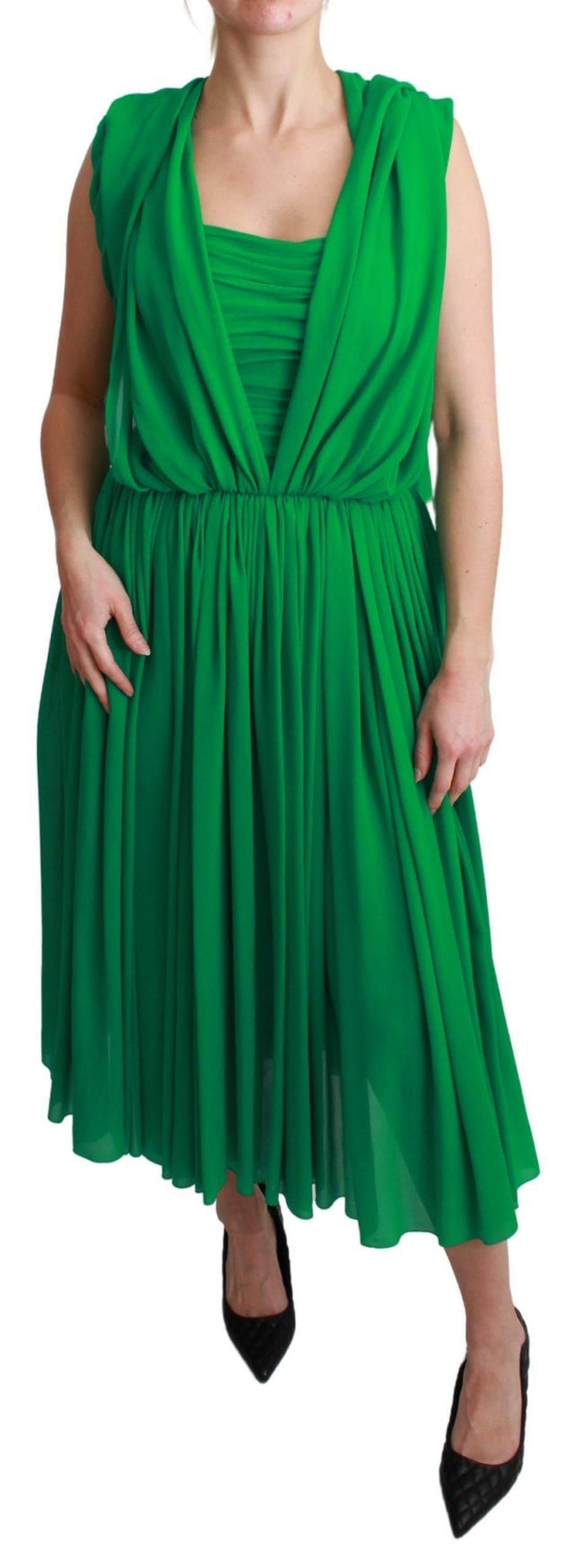 Dolce & Gabbana 100% Silk Green Sleeveless Pleated Maxi Dress - Hilstor