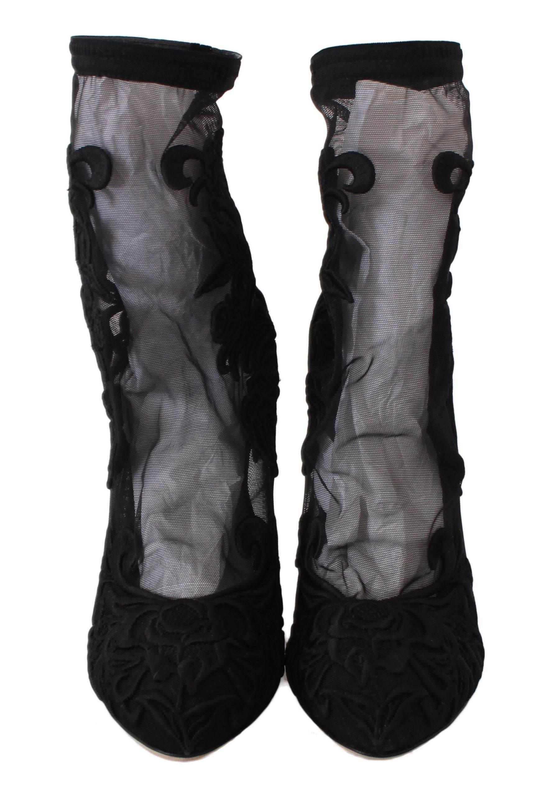 Dolce & Gabbana Embroidered Floral Stiletto Socks Booties - Hilstor