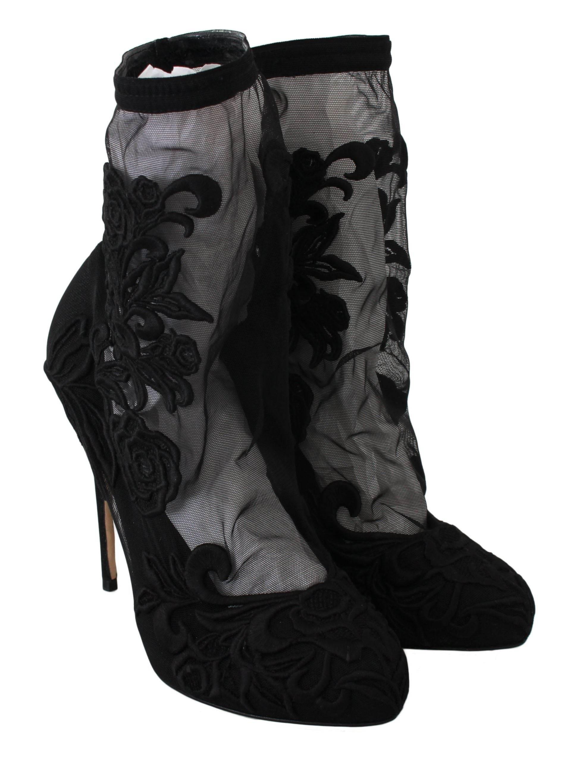 Dolce & Gabbana Embroidered Floral Stiletto Socks Booties - Hilstor