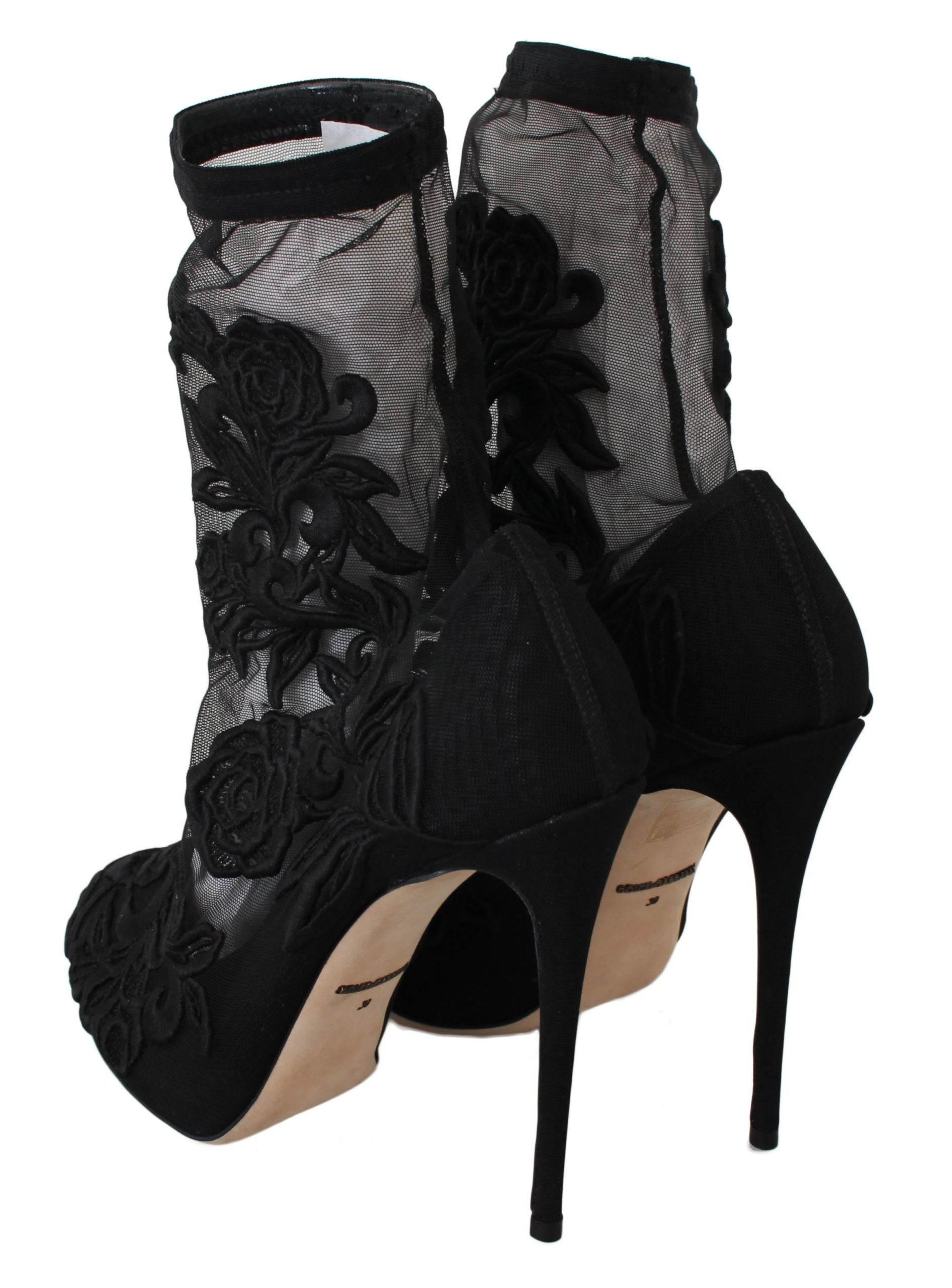 Dolce & Gabbana Embroidered Floral Stiletto Socks Booties - Hilstor