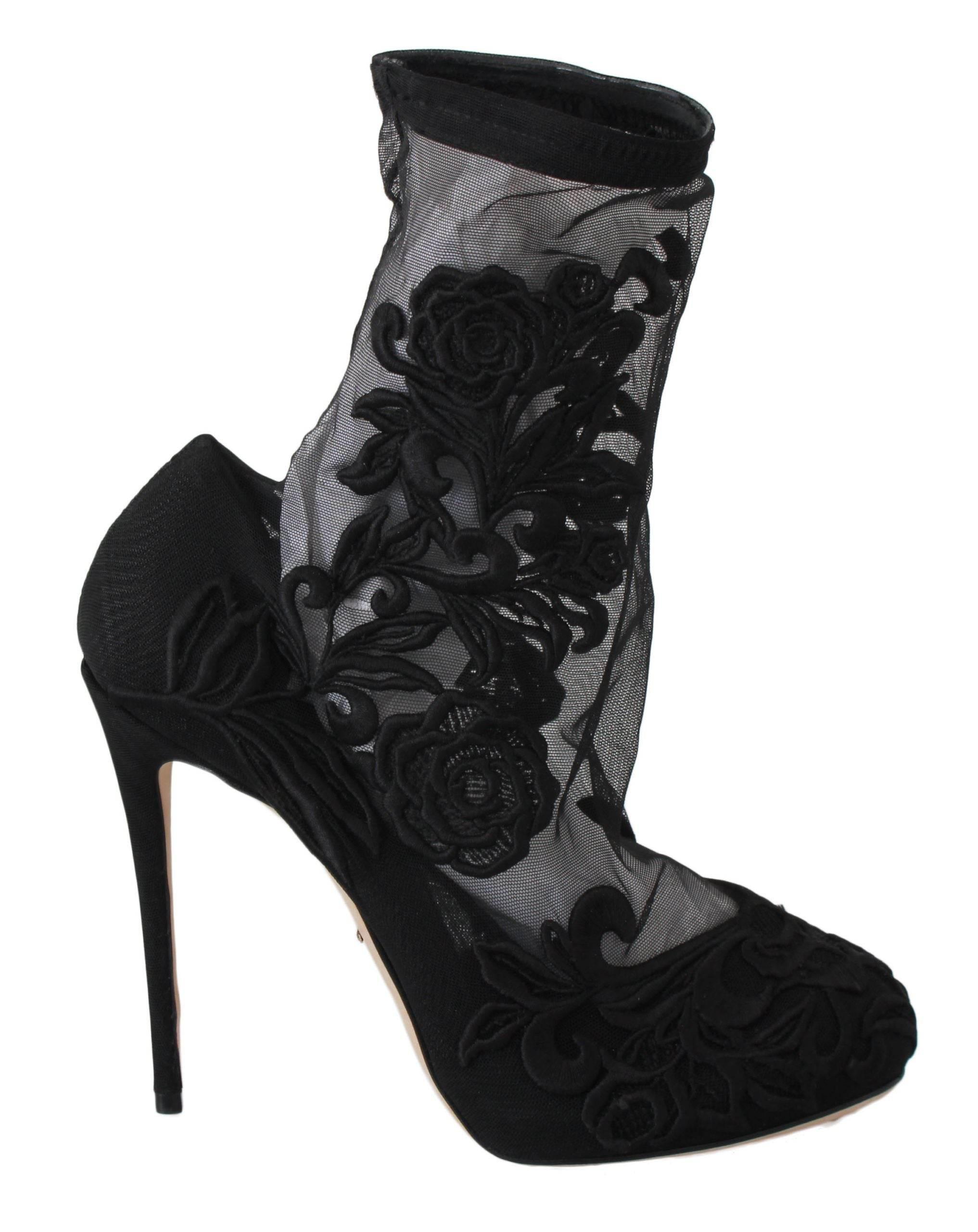 Dolce & Gabbana Embroidered Floral Stiletto Socks Booties - Hilstor