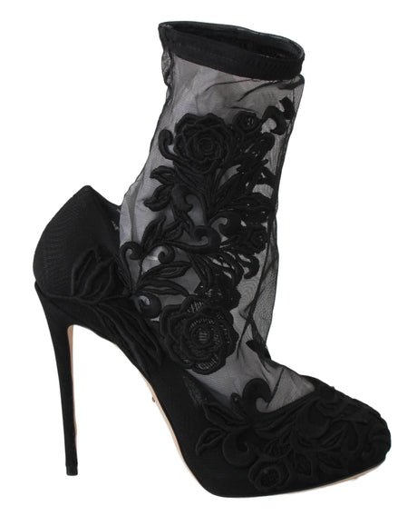 Dolce & Gabbana Embroidered Floral Stiletto Socks Booties - Hilstor