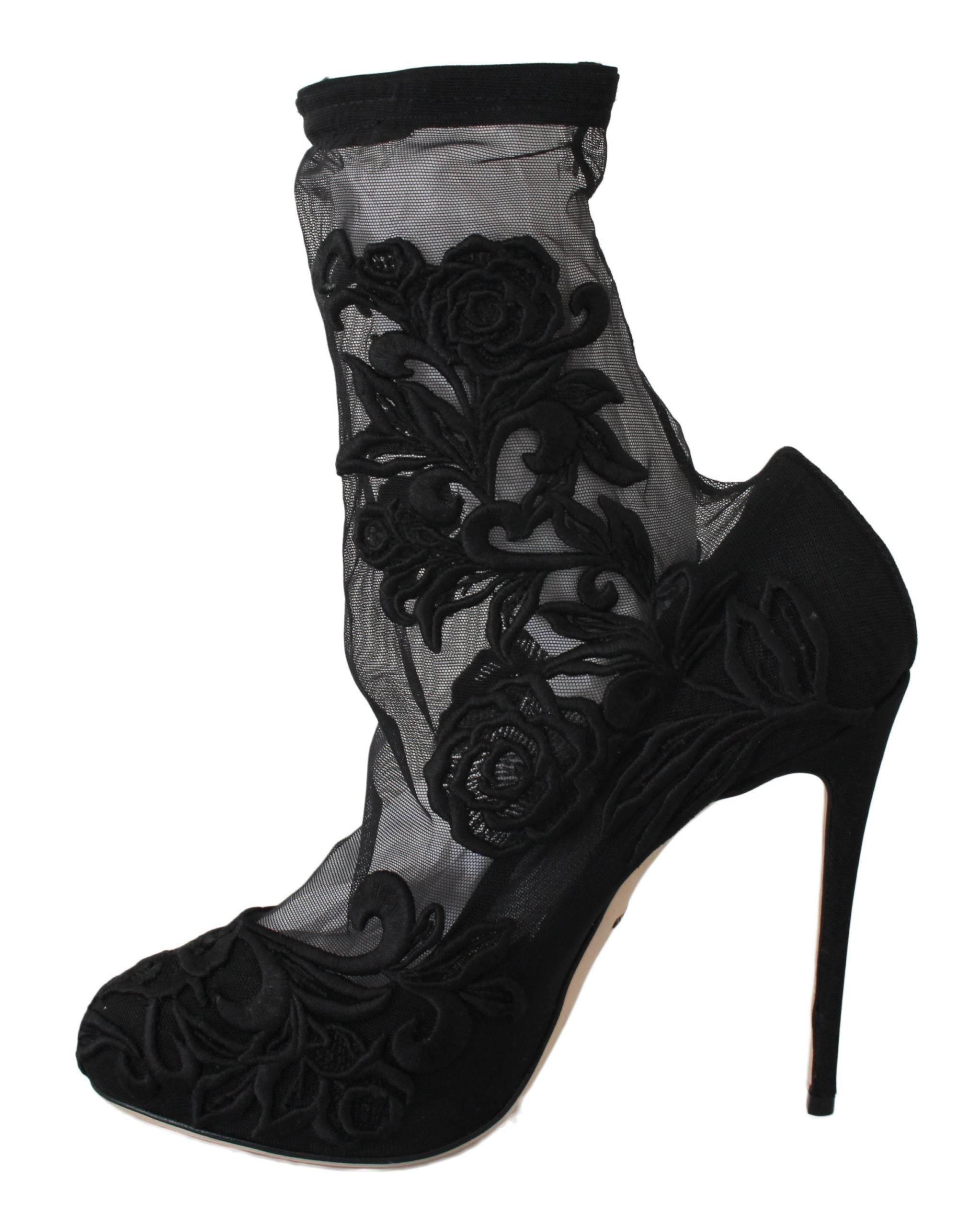 Dolce & Gabbana Embroidered Floral Stiletto Socks Booties - Hilstor