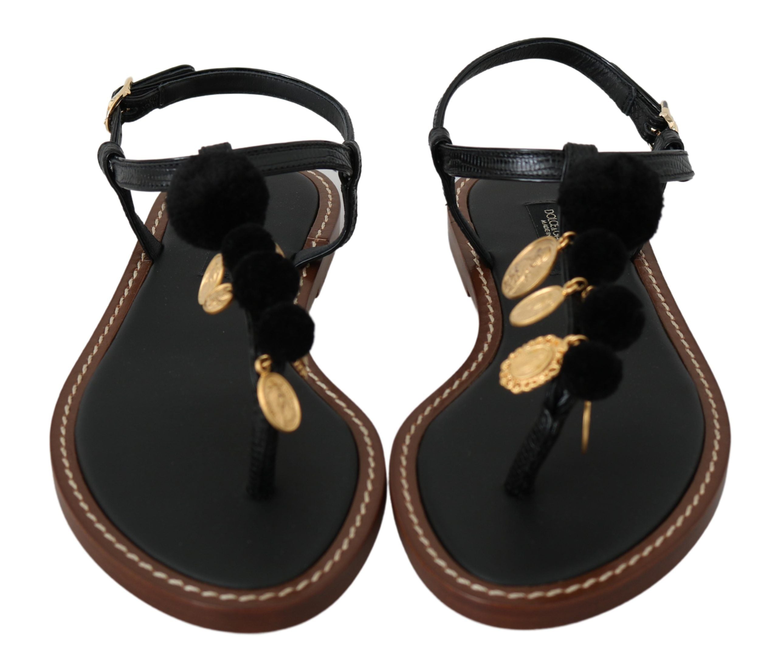 Dolce & Gabbana Sorte Læder Mønter Flip Flops Sandaler Sko