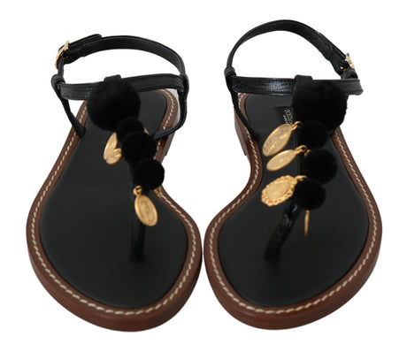 Dolce &amp; Gabbana Sorte Læder Mønter Flip Flops Sandaler Sko