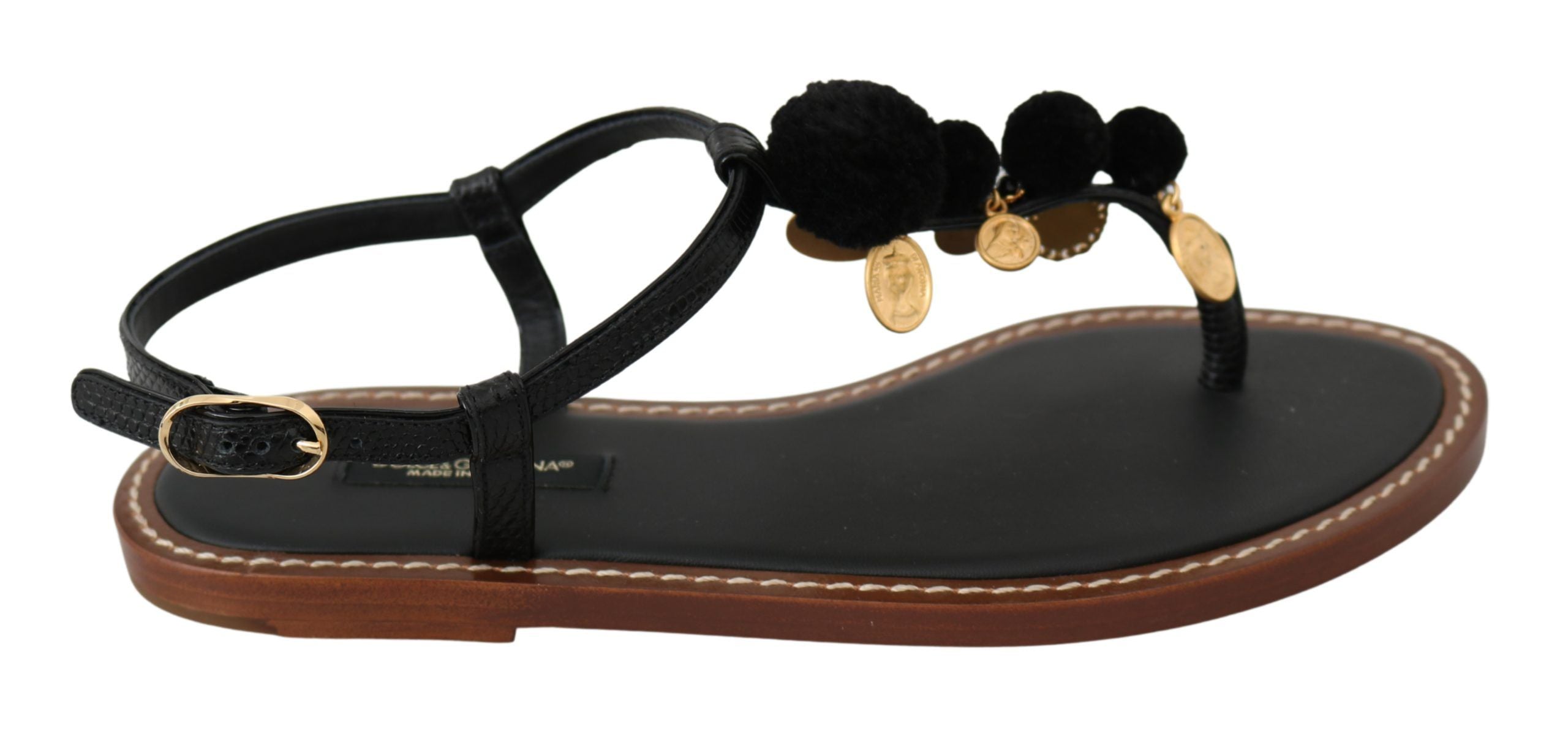 Dolce & Gabbana Sorte Læder Mønter Flip Flops Sandaler Sko