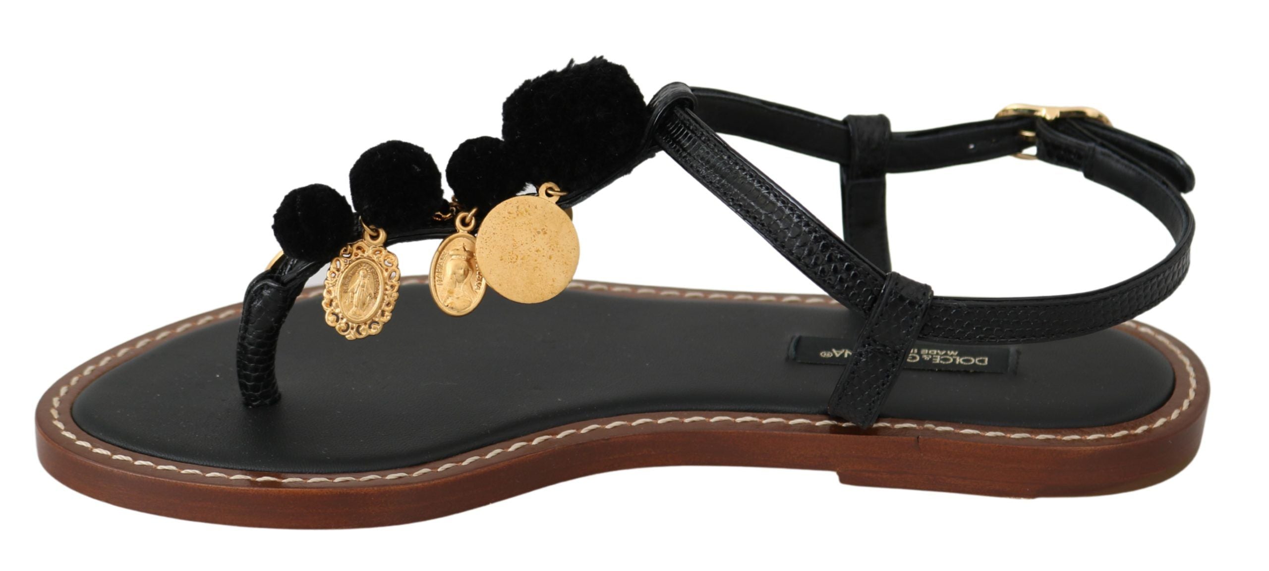 Dolce & Gabbana Sorte Læder Mønter Flip Flops Sandaler Sko