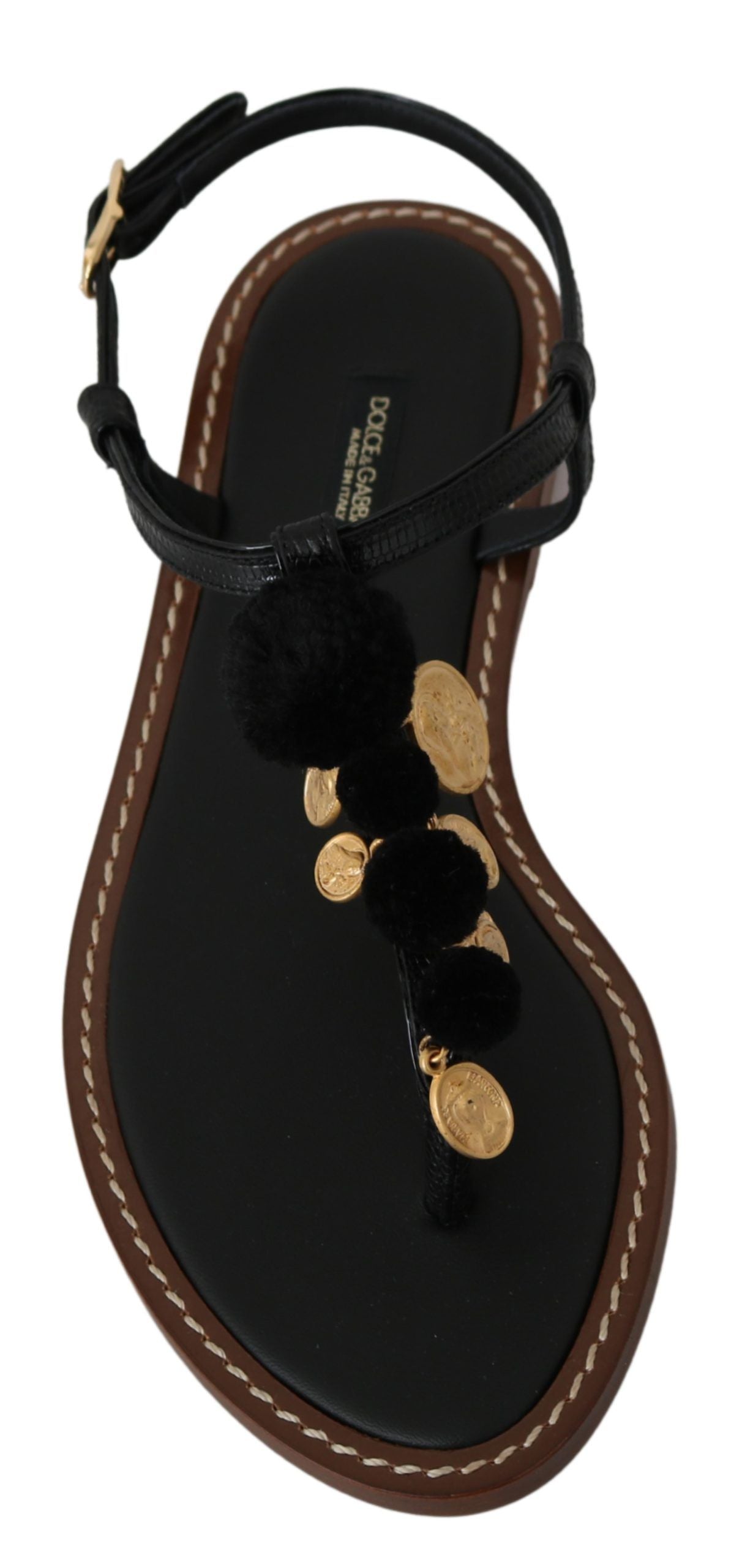 Dolce & Gabbana Sorte Læder Mønter Flip Flops Sandaler Sko