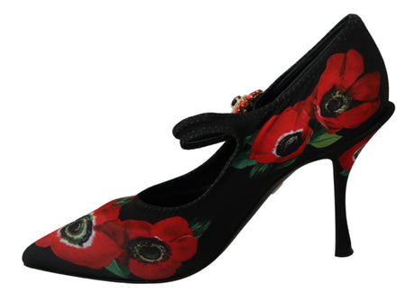 Dolce & Gabbana Black Red Floral Mary Janes Pumps Shoes - Hilstor
