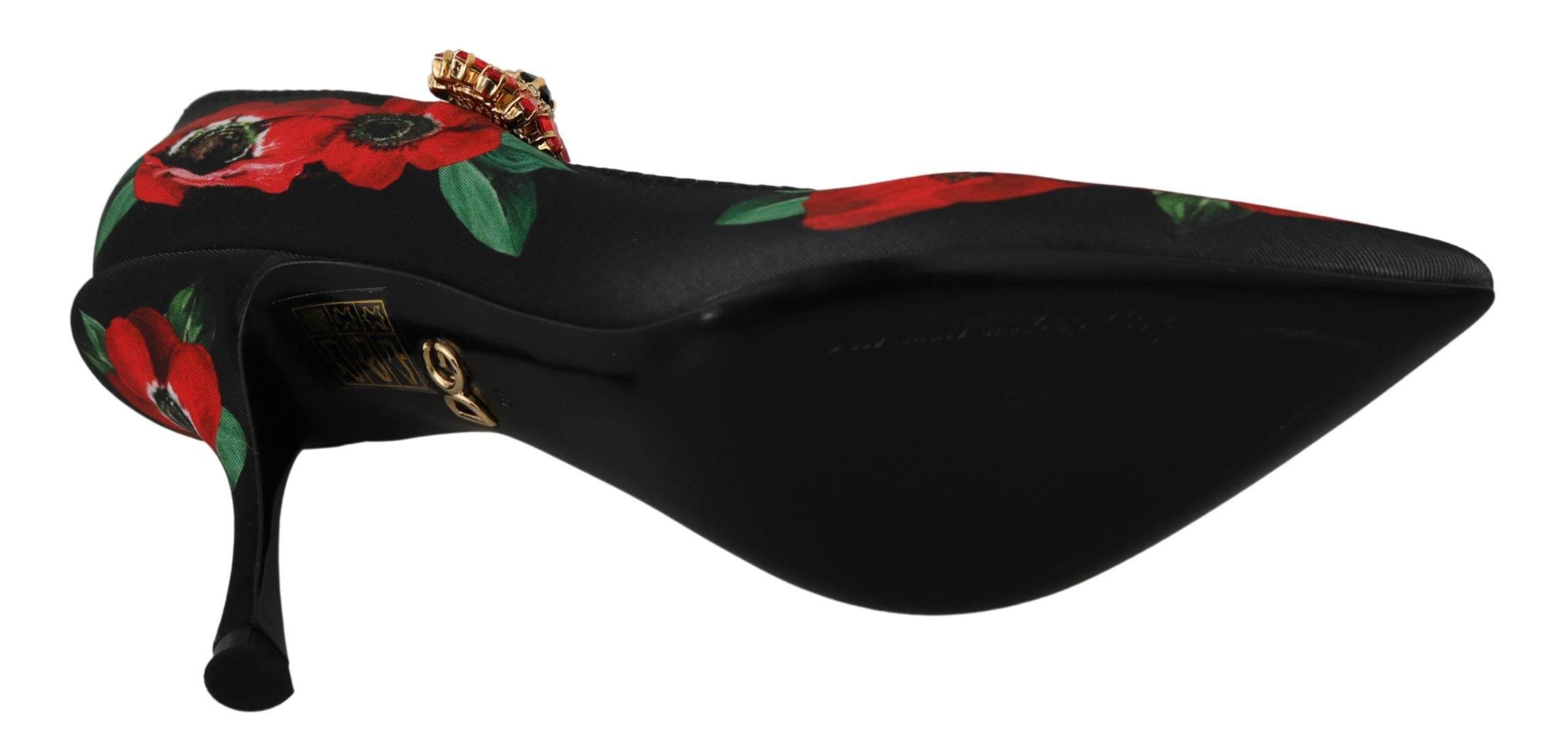 Dolce & Gabbana Black Red Floral Mary Janes Pumps Shoes - Hilstor