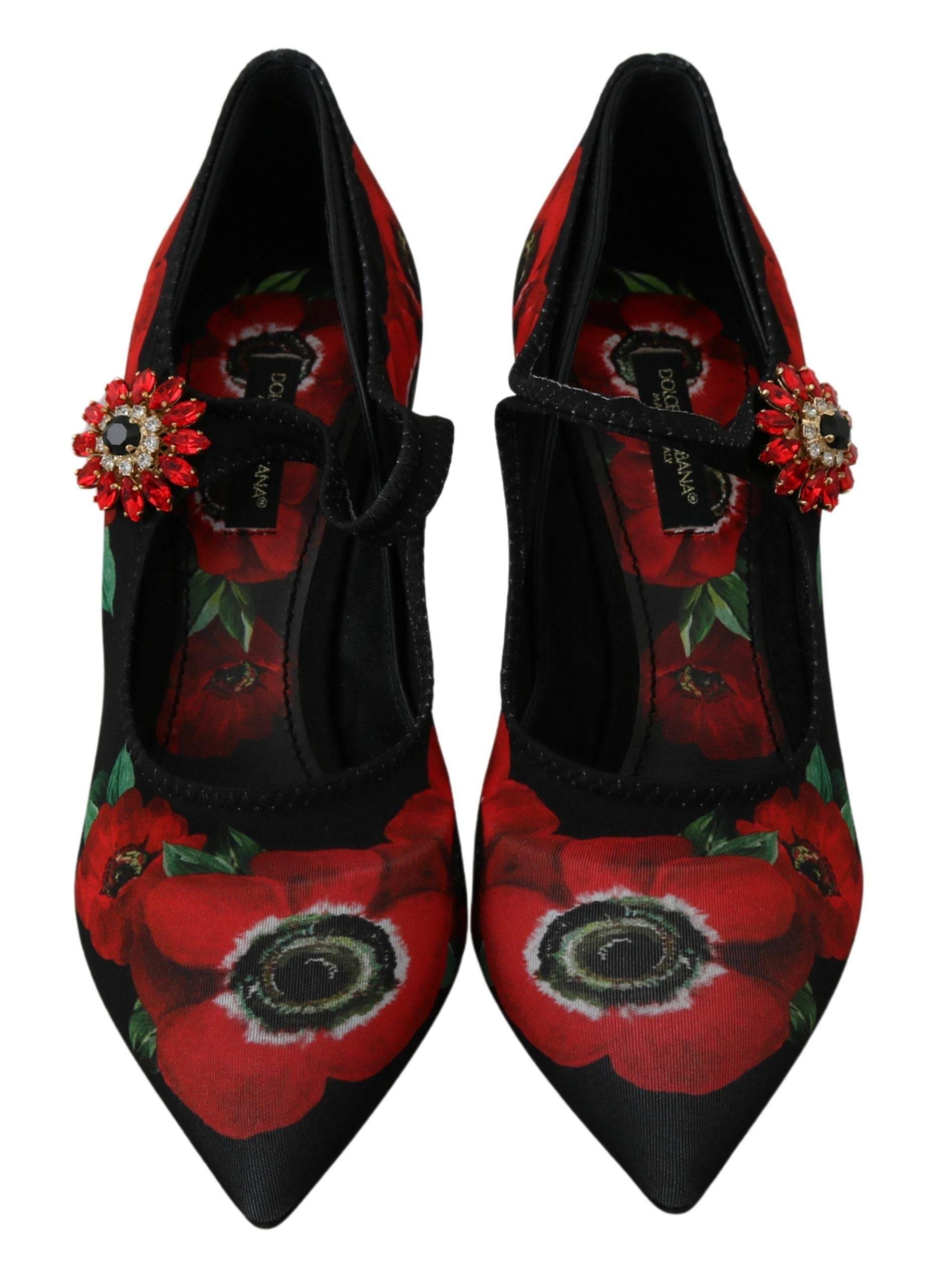 Dolce & Gabbana Black Red Floral Mary Janes Pumps Shoes - Hilstor