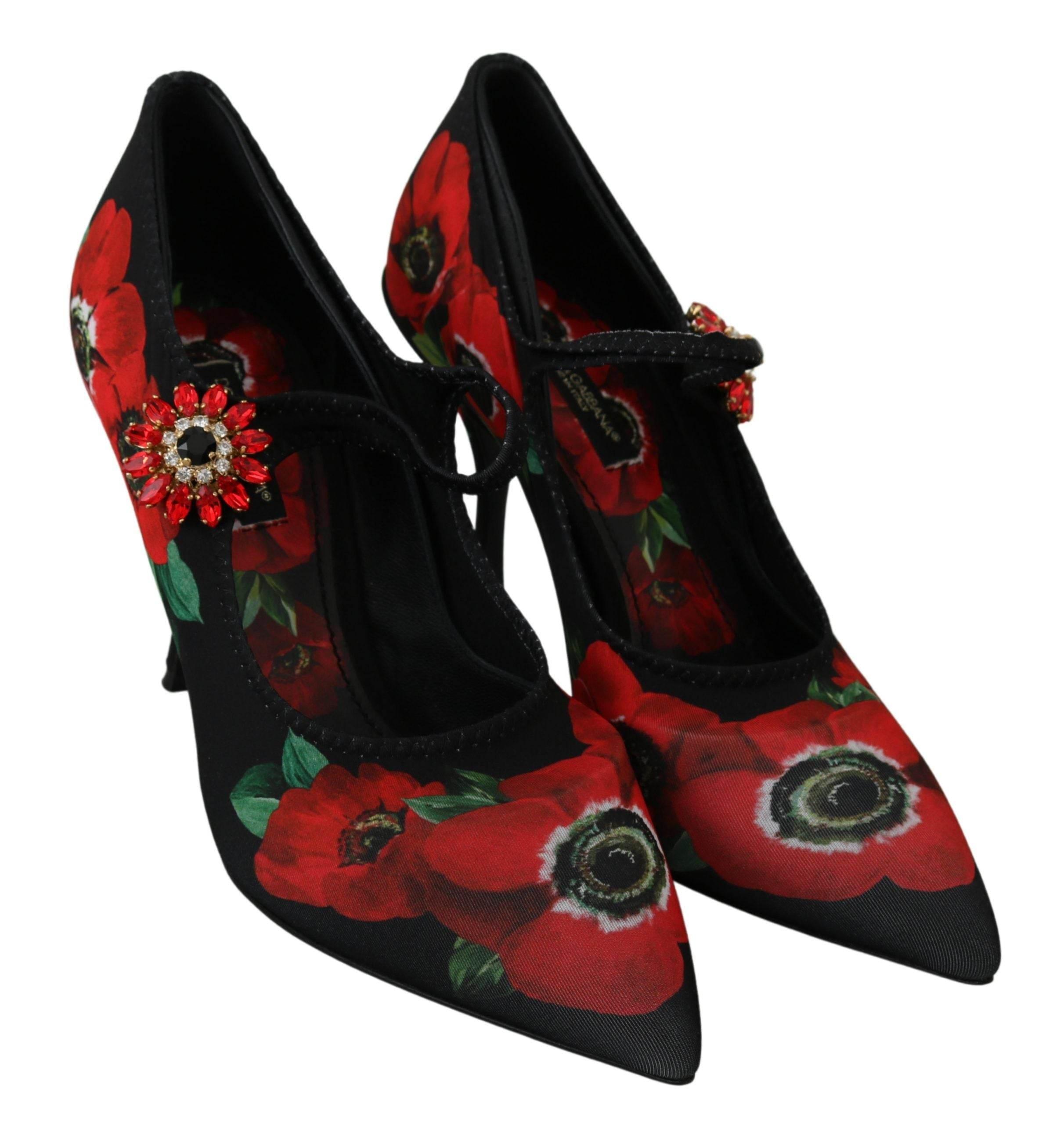 Dolce & Gabbana Black Red Floral Mary Janes Pumps Shoes - Hilstor